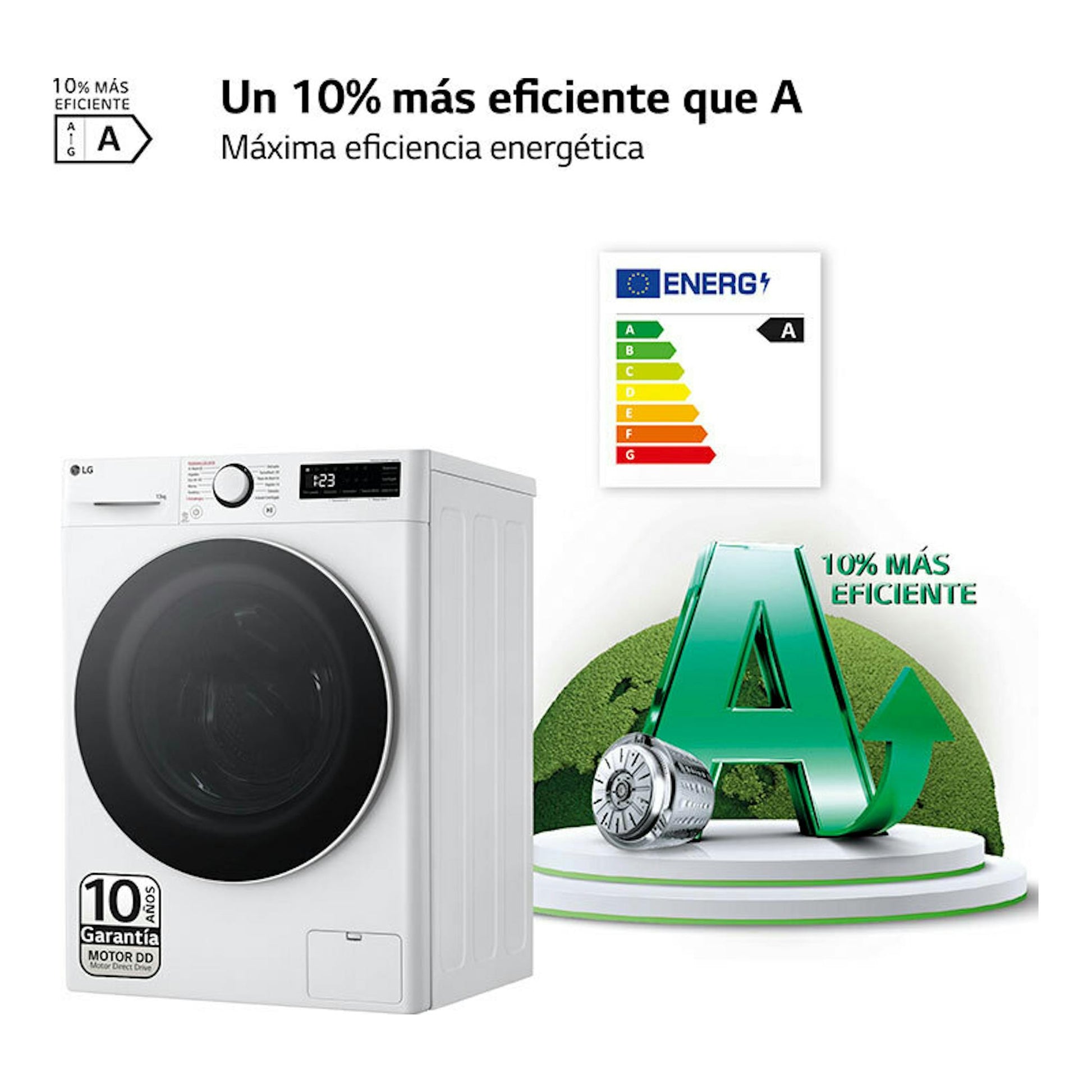 Lavadora LG F4WR6013A0W blanca de carga frontal, vista 3/4, con etiqueta energética A.