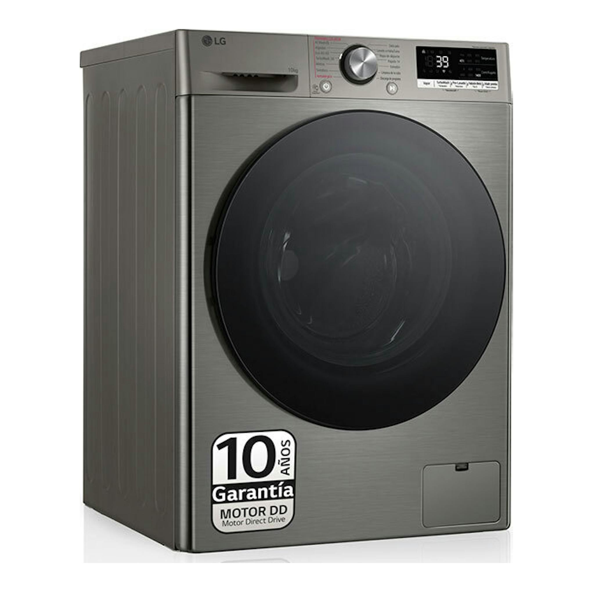 Lavadora LG F4WR7010AGS gris, vista frontal en ángulo, con puerta negra circular y panel digital superior.