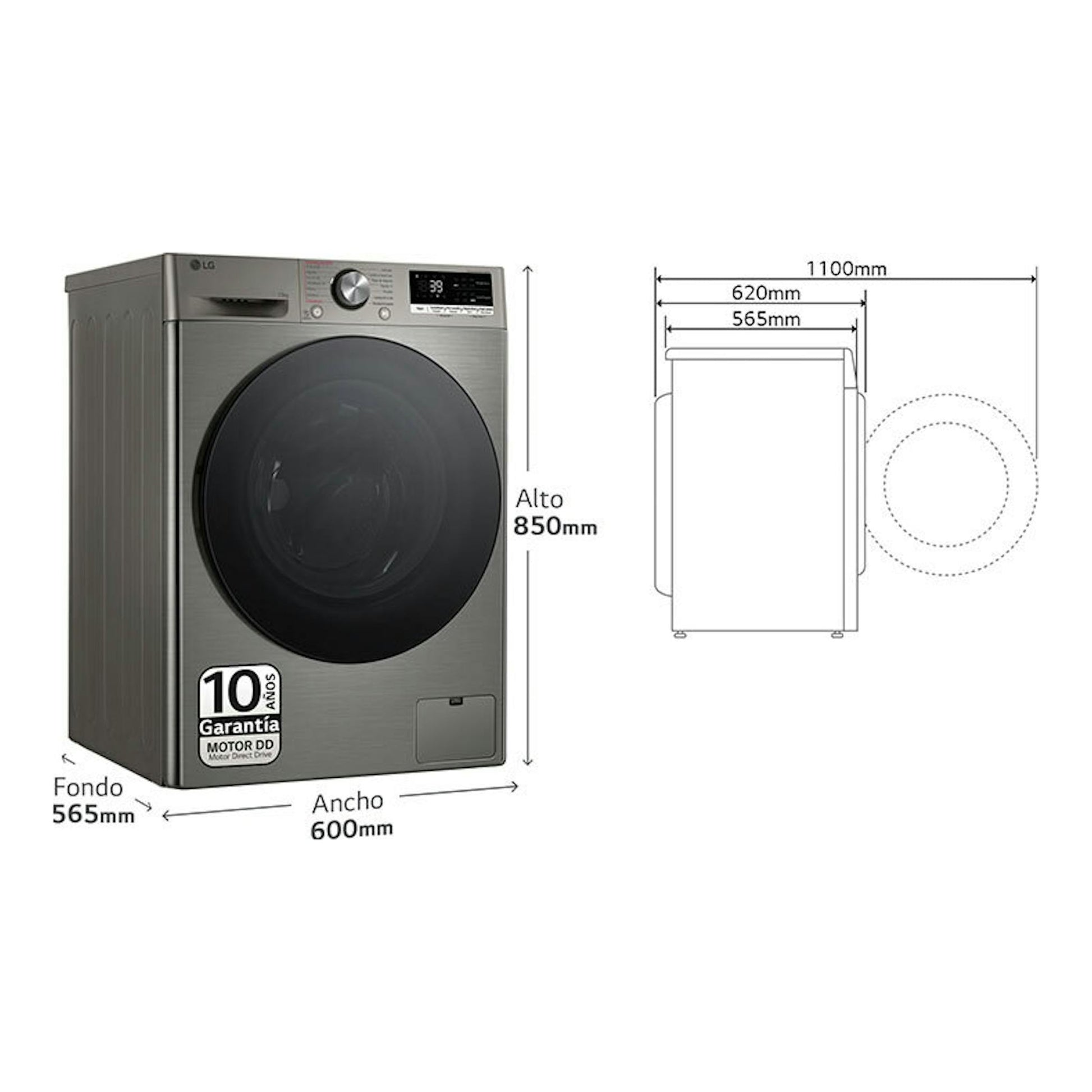 Lavadora LG F4WR7010AGS gris, vista frontal, con medidas 850 x 600 x 565 mm y esquema lateral.