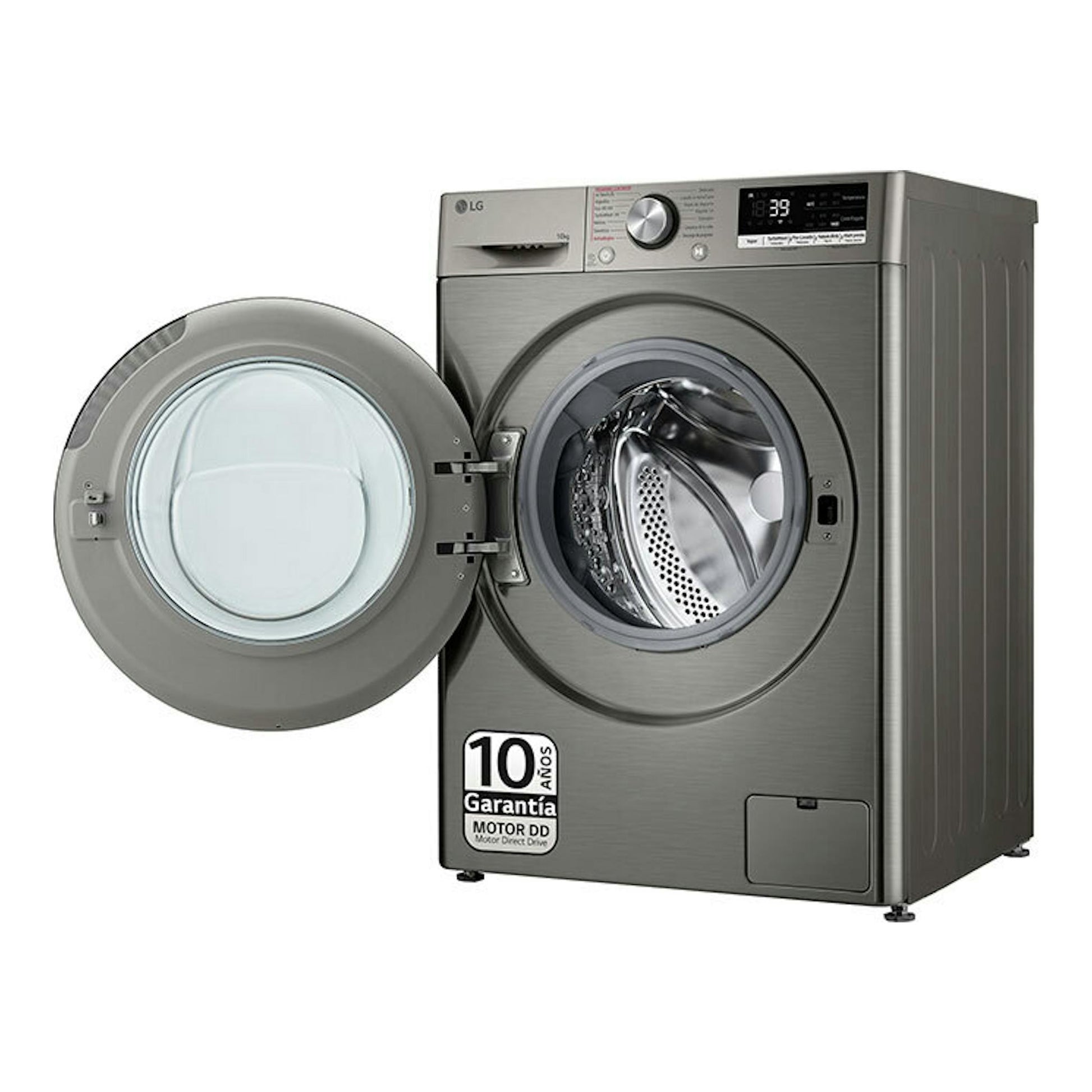 Lavadora LG F4WR7010AGS de 10 kg, gris, vista frontal 3/4, puerta abierta y tambor visible.