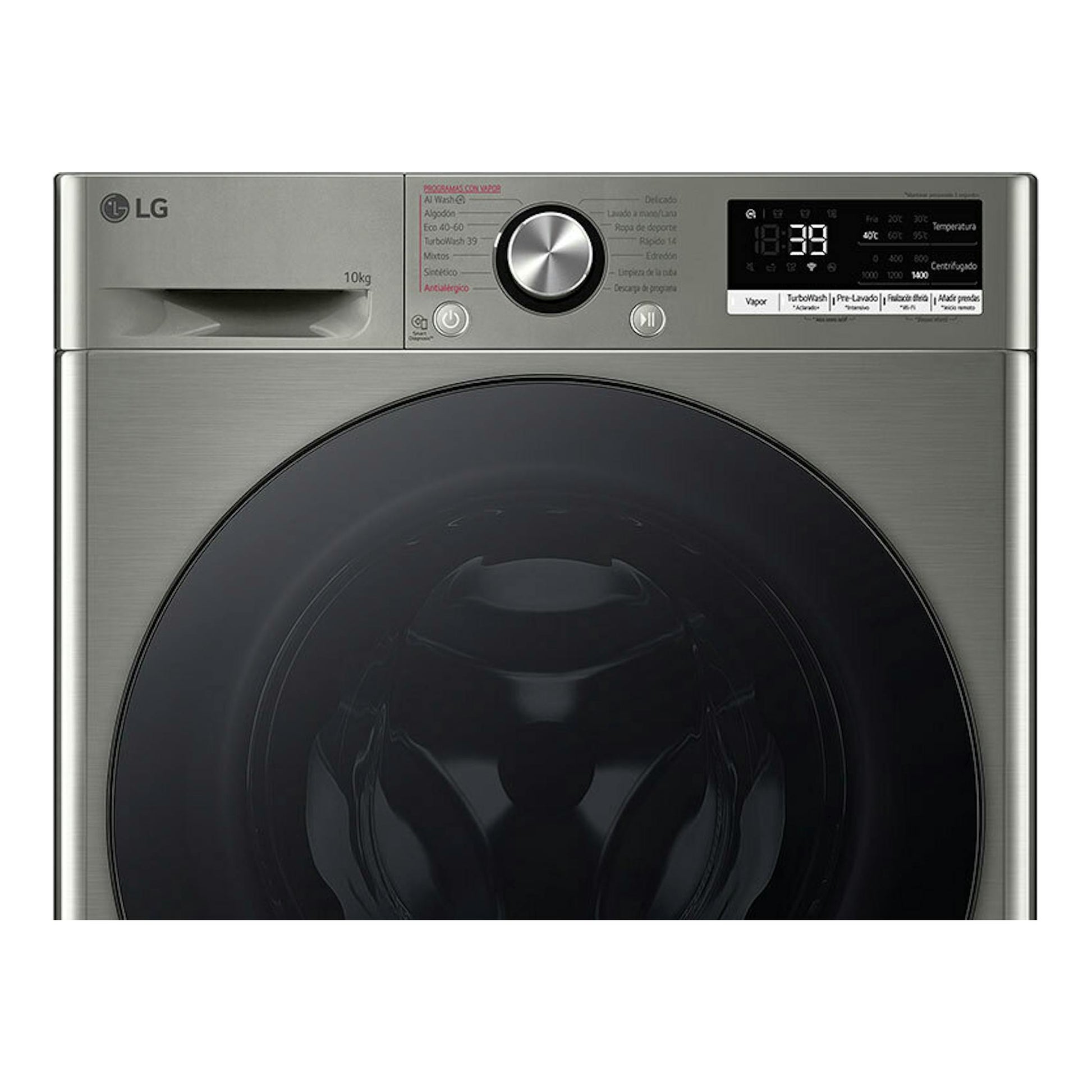 Lavadora LG F4WR7010AGS plateada, vista frontal, con puerta negra circular y panel digital superior.