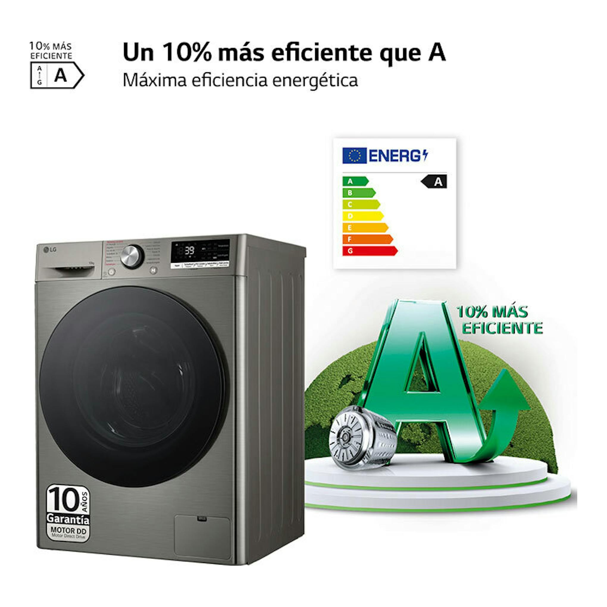 Lavadora LG F4WR7010AGS gris, vista frontal en ángulo, con display superior y etiqueta de eficiencia A.