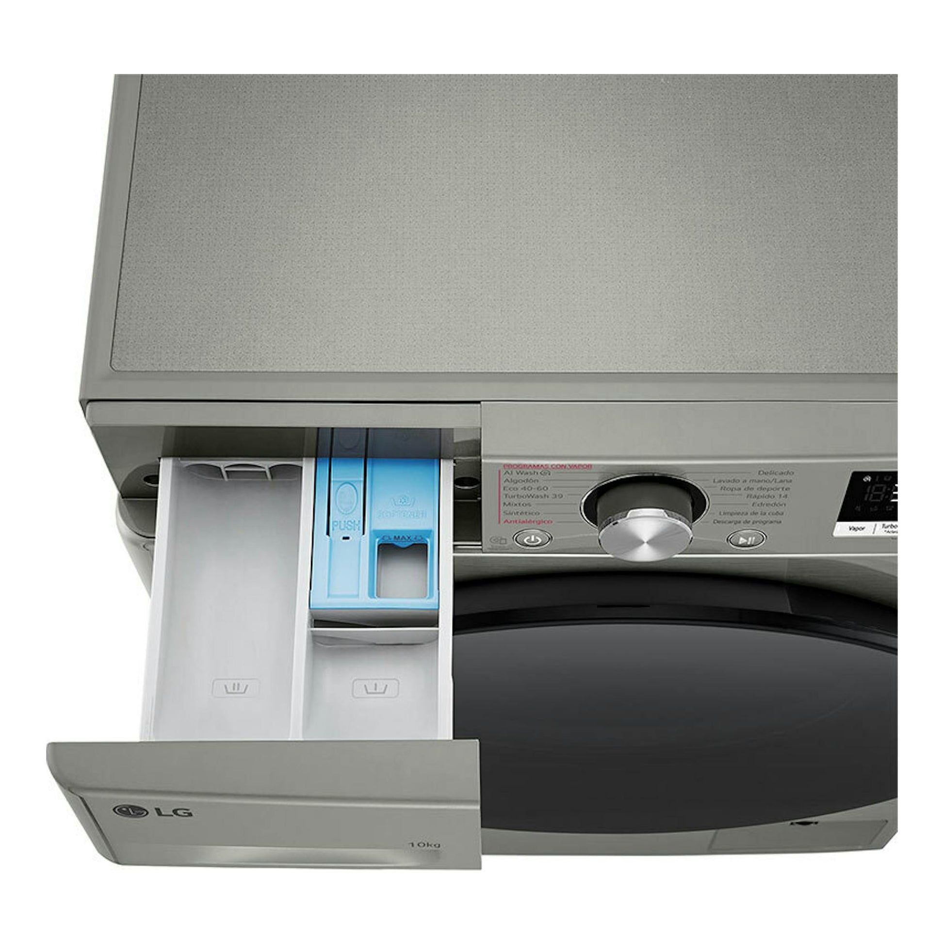 Lavadora LG F4WR7010AGS gris, vista frontal con cajetín de detergente abierto y panel de control.