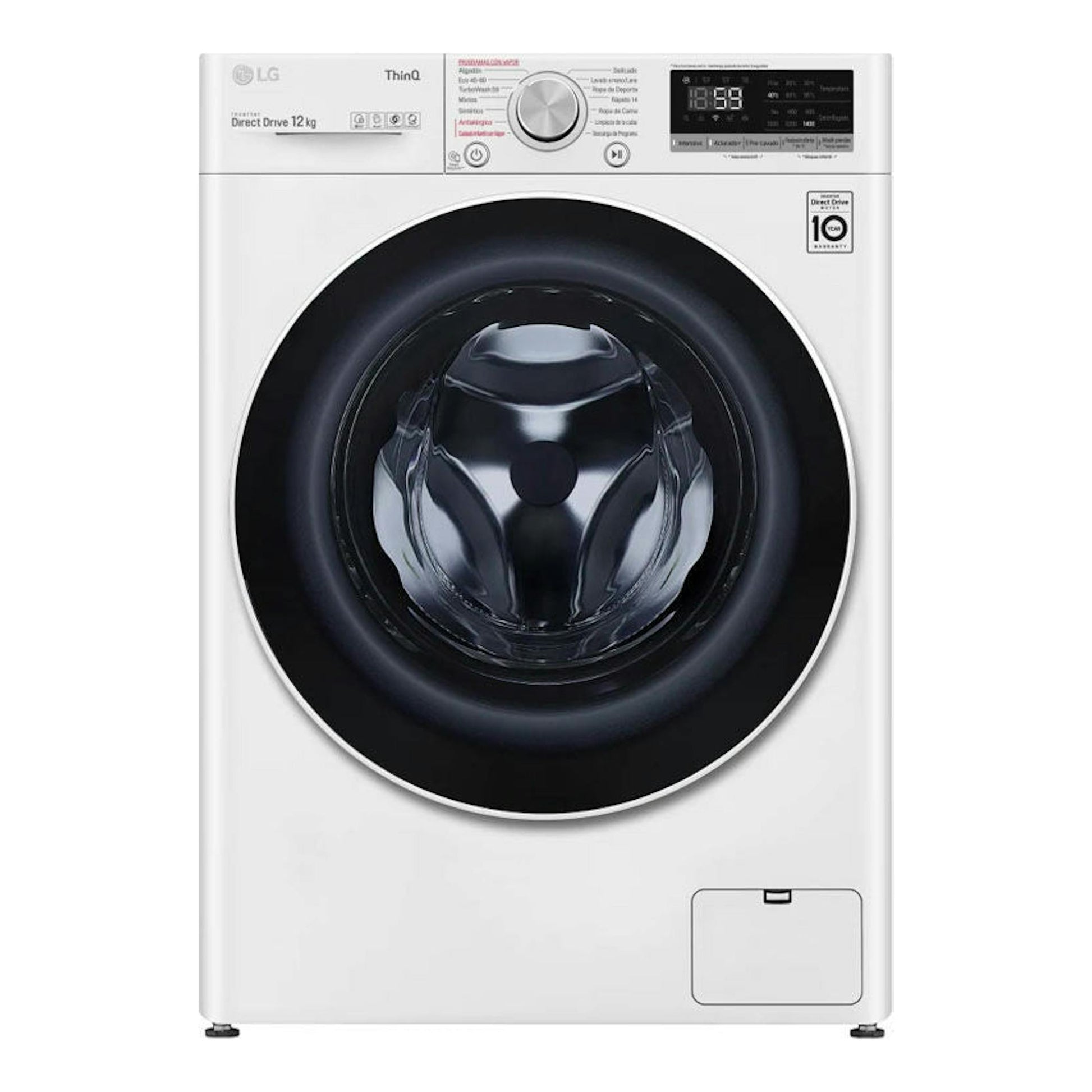 Lavadora LG F4WV5012S0W blanca de 12 kg, carga frontal, vista frontal, con puerta negra y panel digital.