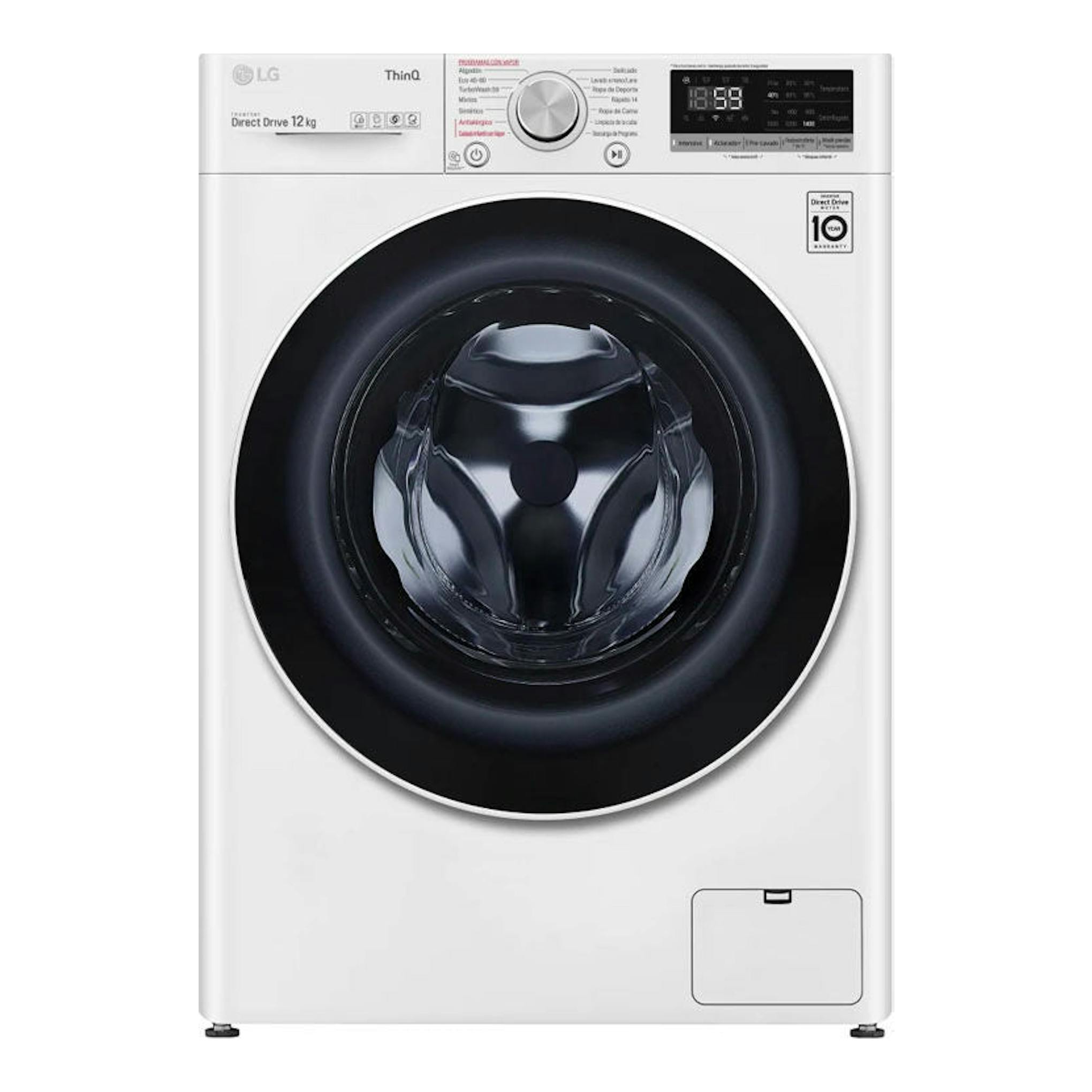 Lavadora LG F4WV5012S0W blanca de 12 kg, carga frontal, vista frontal, con puerta negra y panel digital.