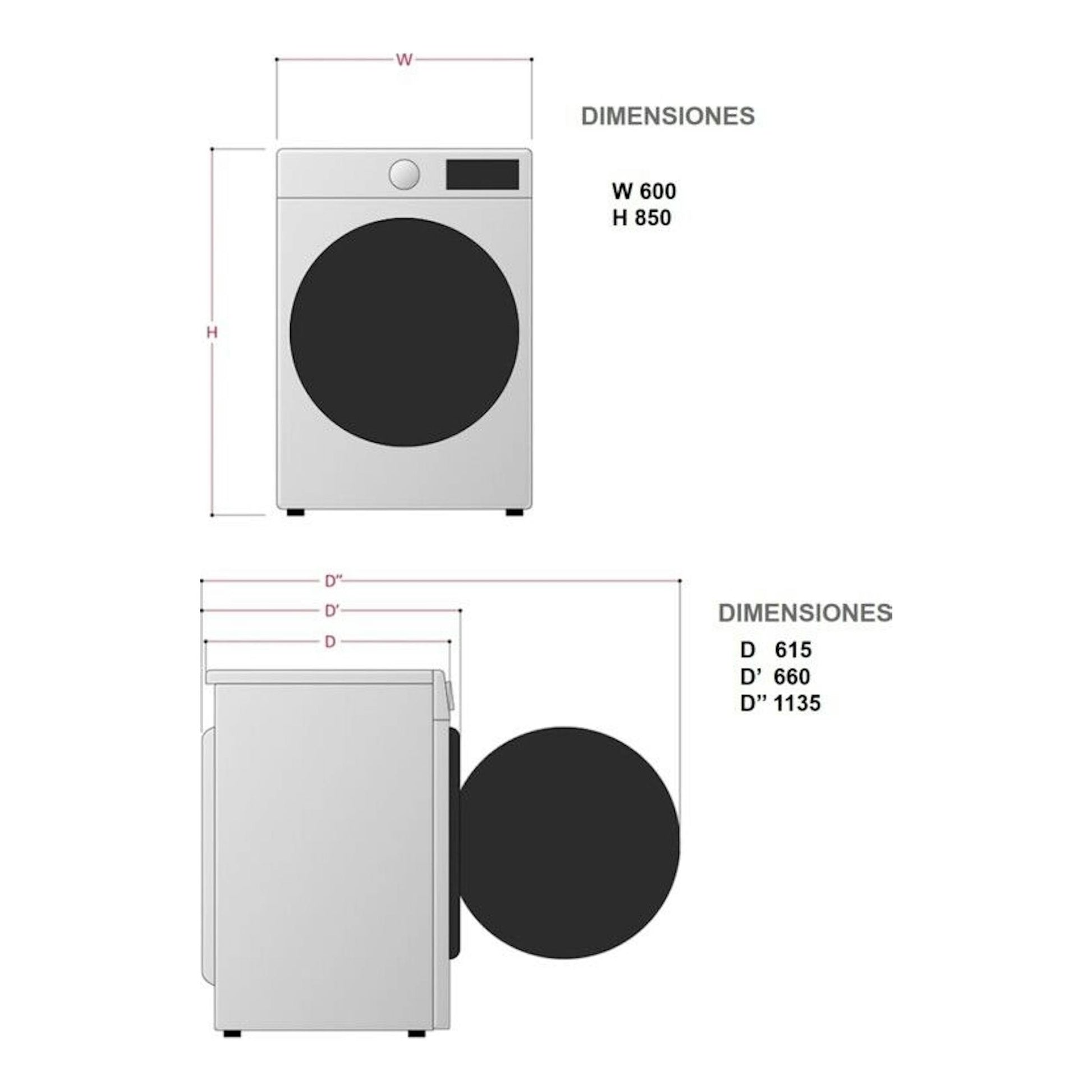Lavadora LG F4WV5012S0W blanca, vista frontal y lateral con esquema de dimensiones.