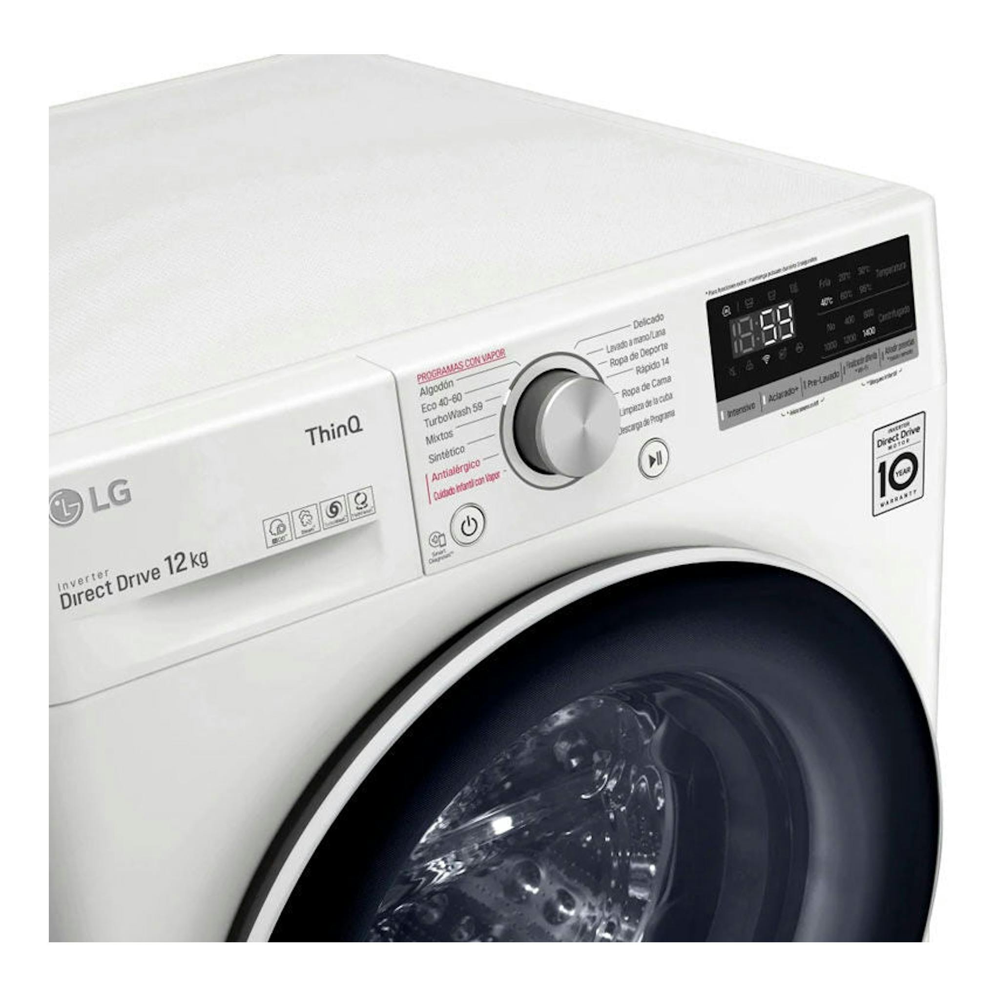 Lavadora LG F4WV5012S0W blanca, frontal, vista en ángulo, con panel digital y puerta negra.
