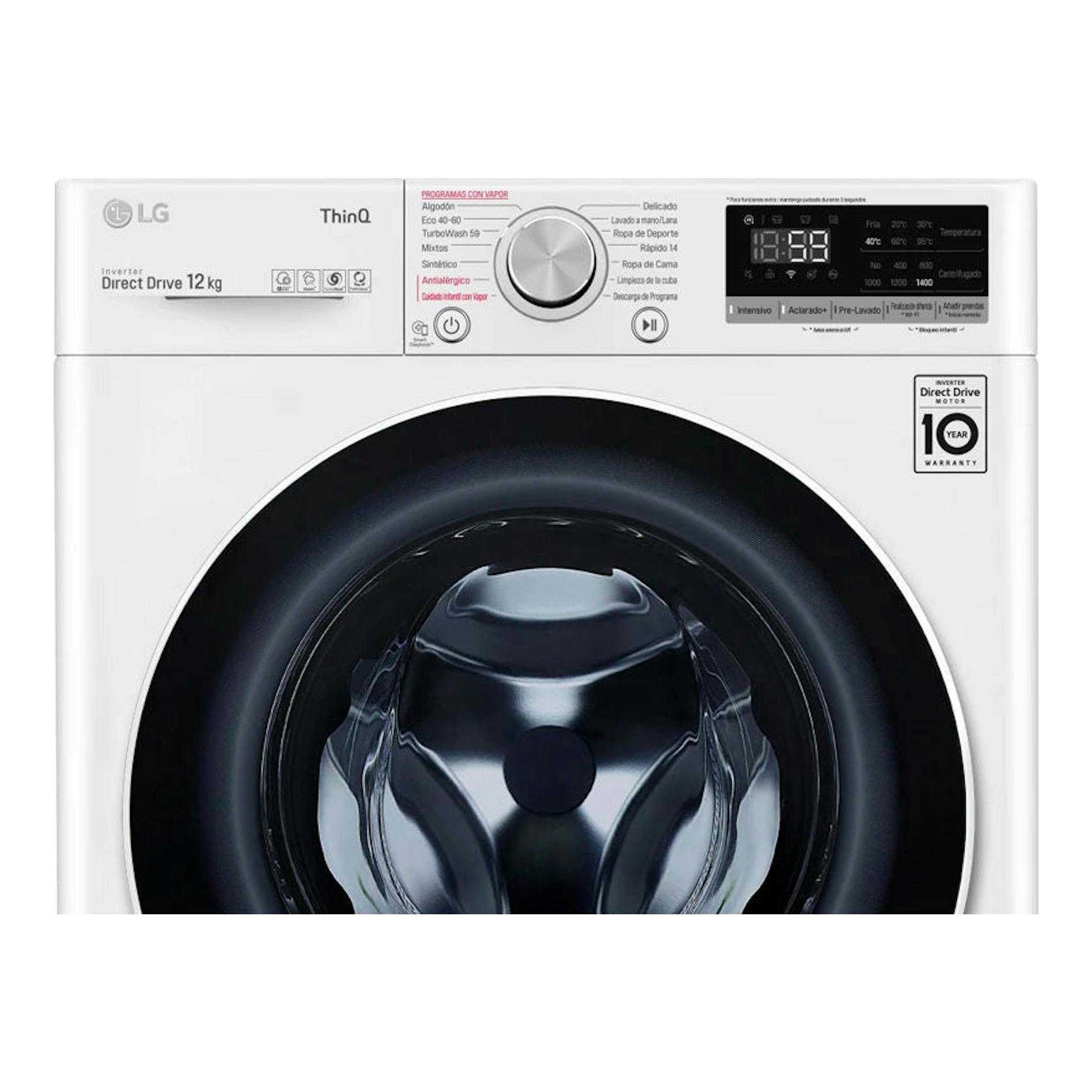 Lavadora LG F4WV5012S0W blanca, vista frontal, 12 kg, con puerta negra y panel digital superior.