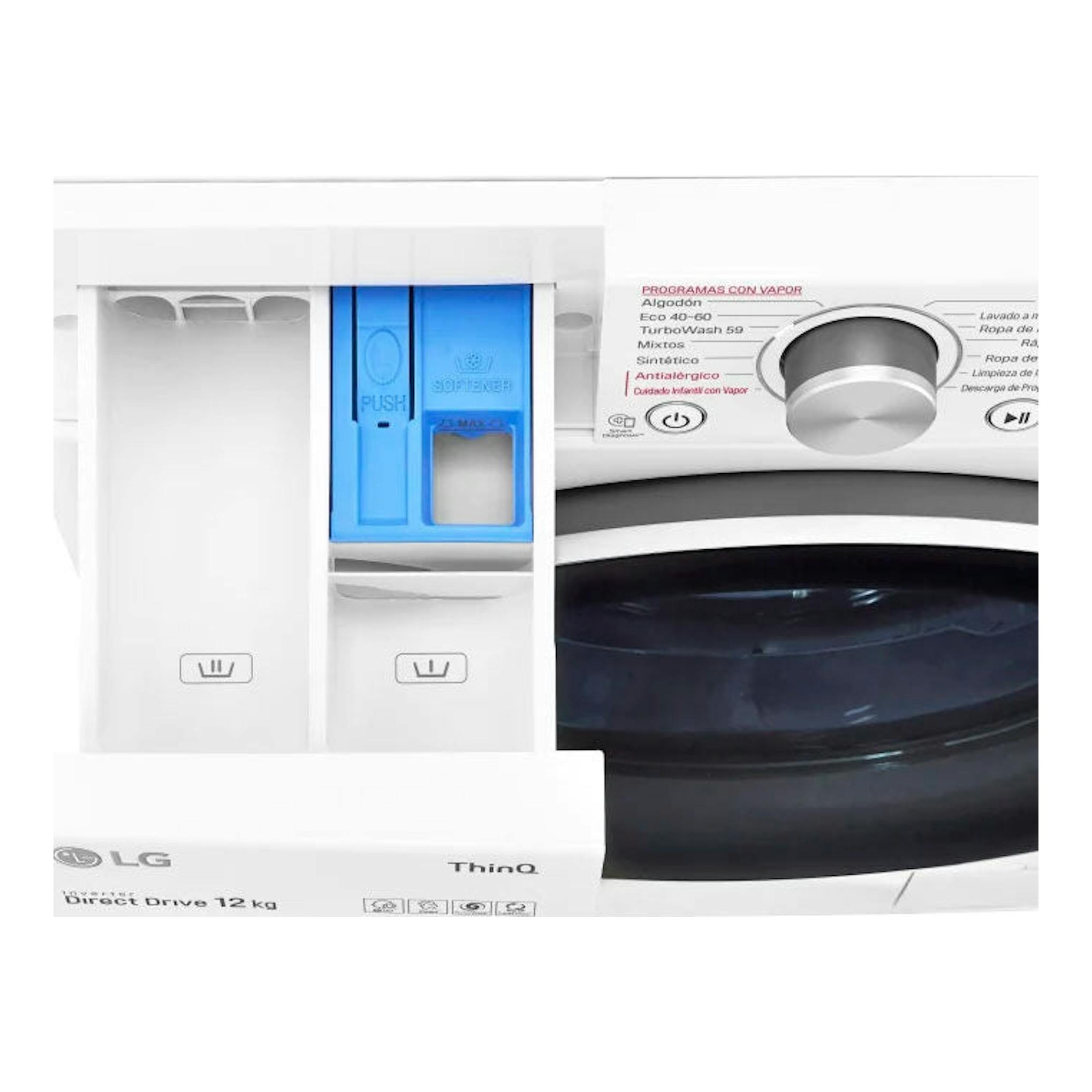 Lavadora LG F4WV5012S0W blanca, vista frontal parcial con cajetín azul y selector de programas.