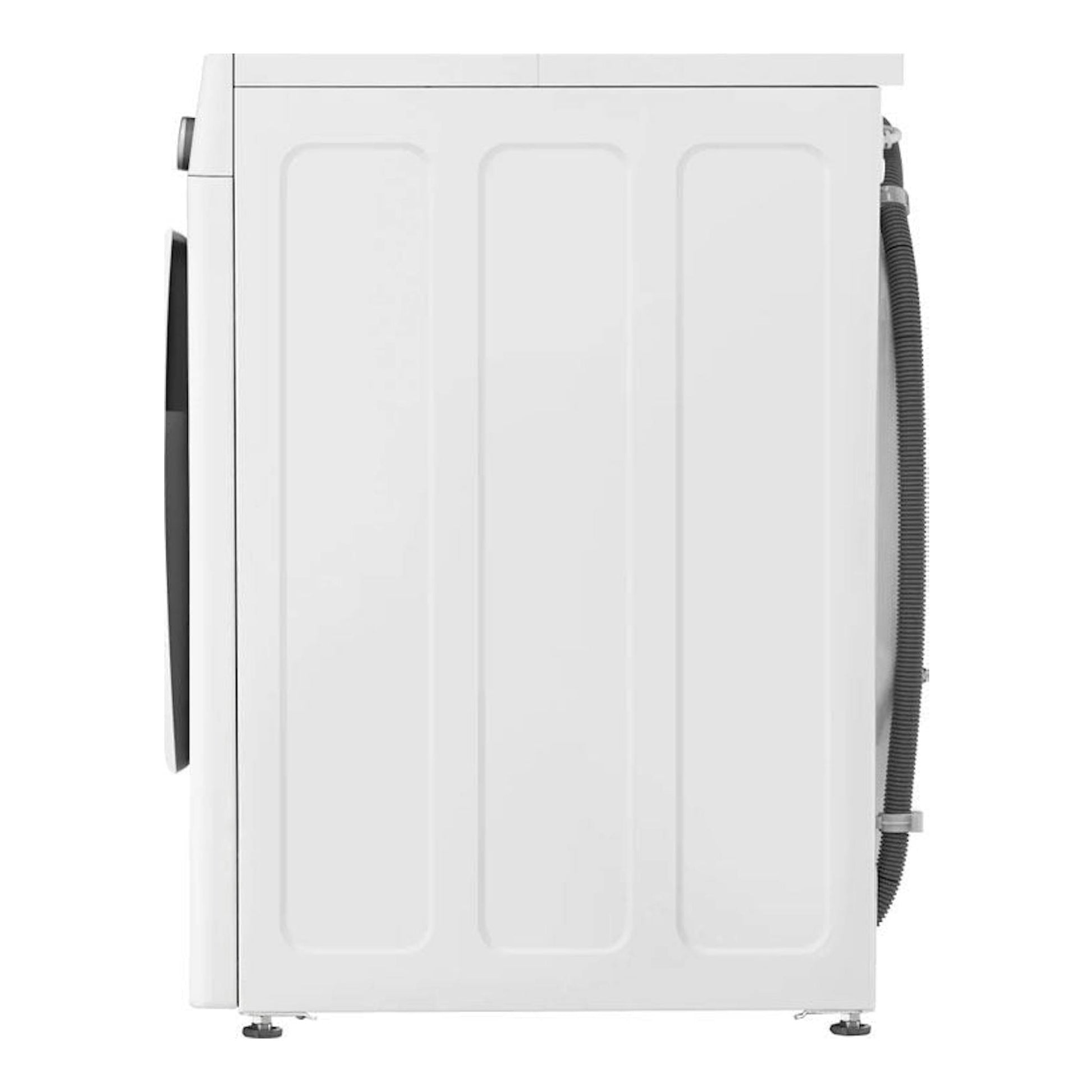 Lavadora LG F4WV5012S0W blanca, vista lateral derecha, con puerta frontal y manguera trasera.