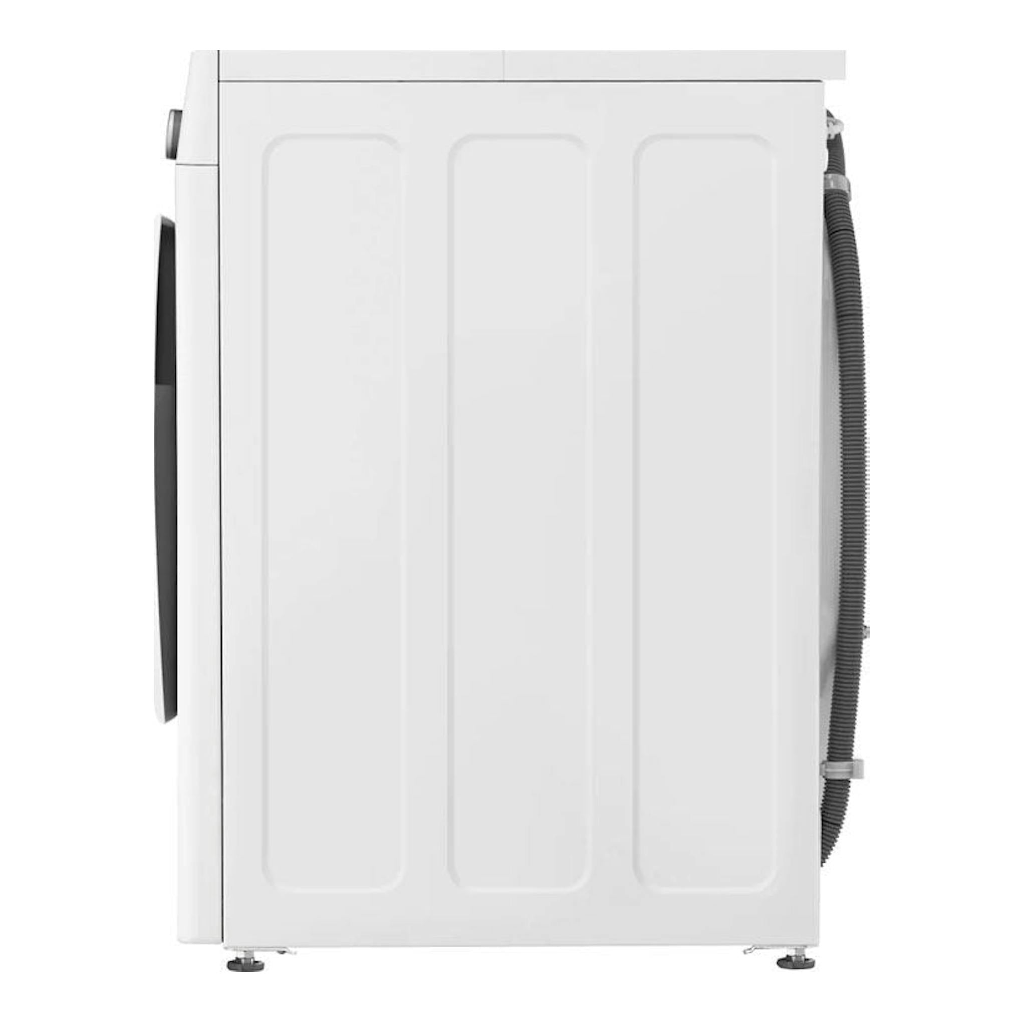 Lavadora LG F4WV5012S0W blanca, vista lateral derecha, con puerta frontal y manguera trasera.
