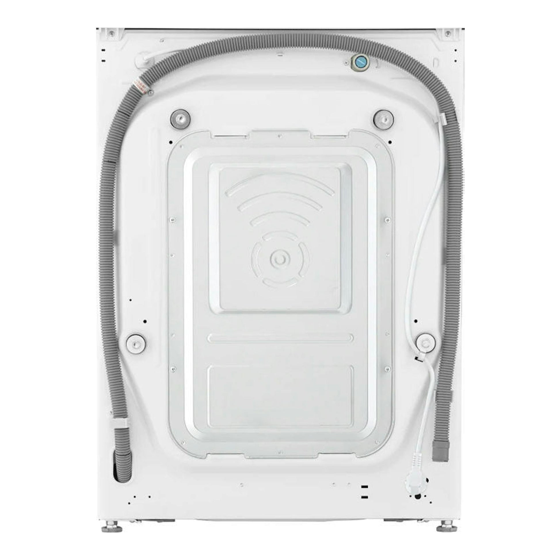 Lavadora LG F4WV5012S0W blanca, vista trasera, con mangueras y panel posterior metálico.