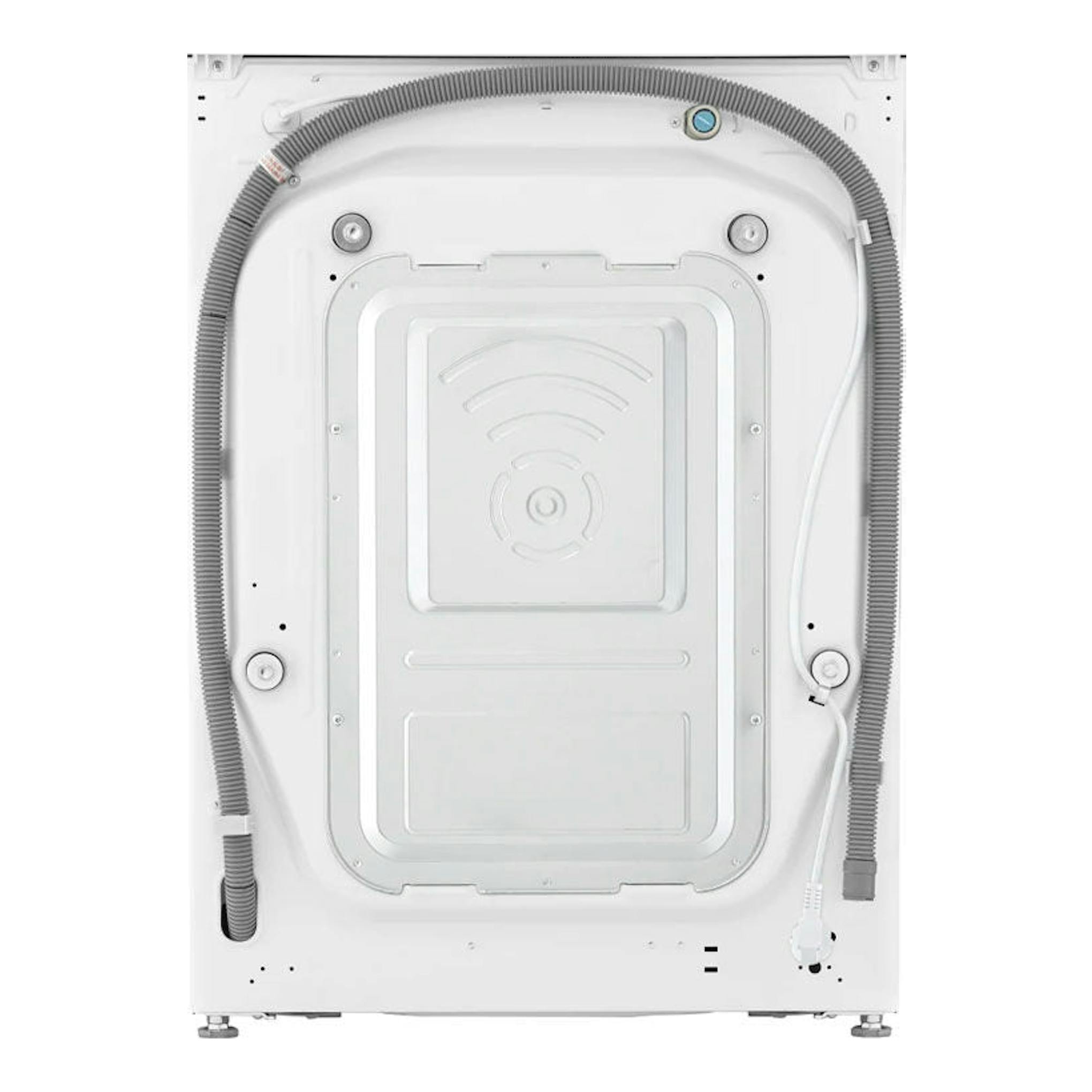 Lavadora LG F4WV5012S0W blanca, vista trasera, con mangueras y panel posterior metálico.