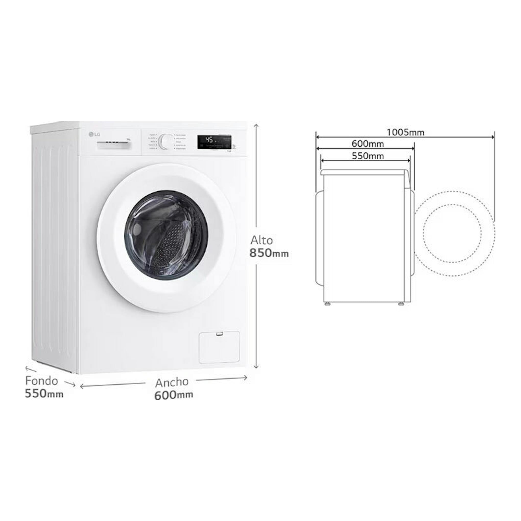 Lavadora LG F4X1008NWH blanca, vista frontal en perspectiva, con medidas de 850 x 600 x 550 mm.