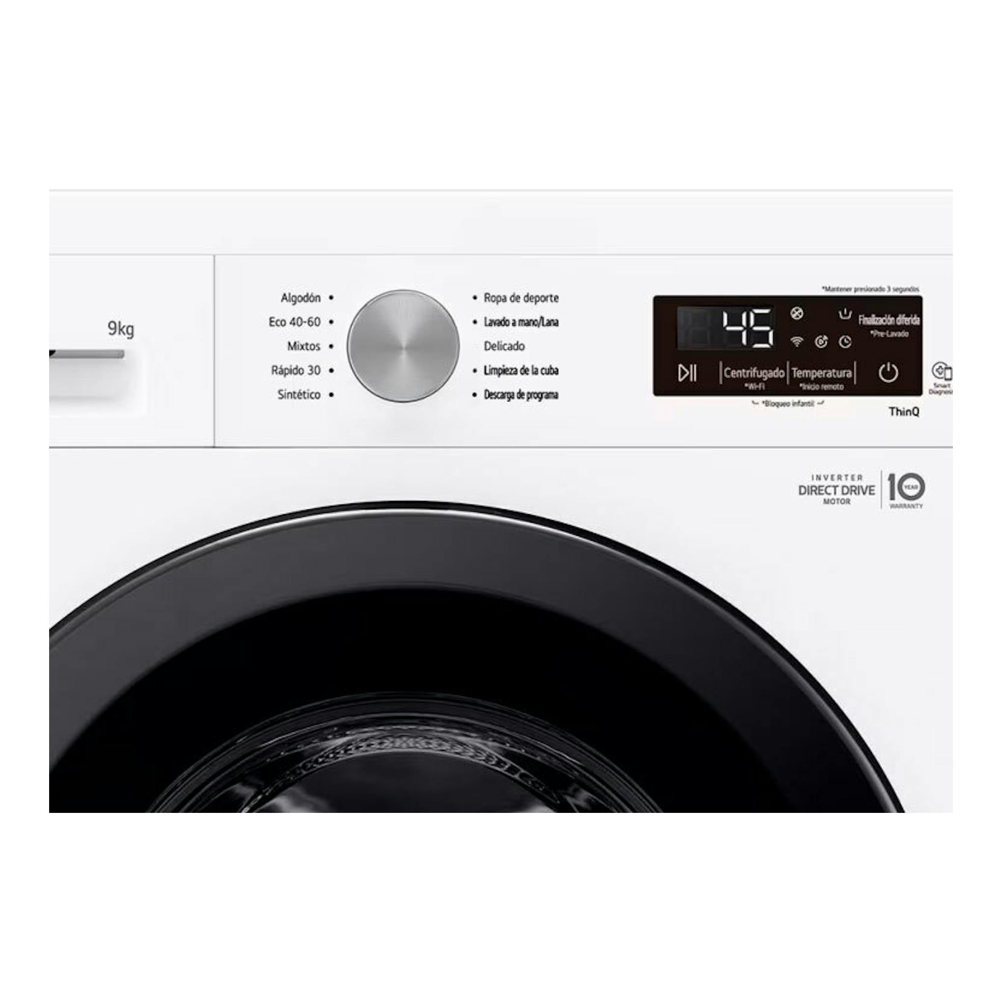 Lavadora LG F4X1009NWK blanca, vista frontal parcial, con puerta negra y panel de control digital.
