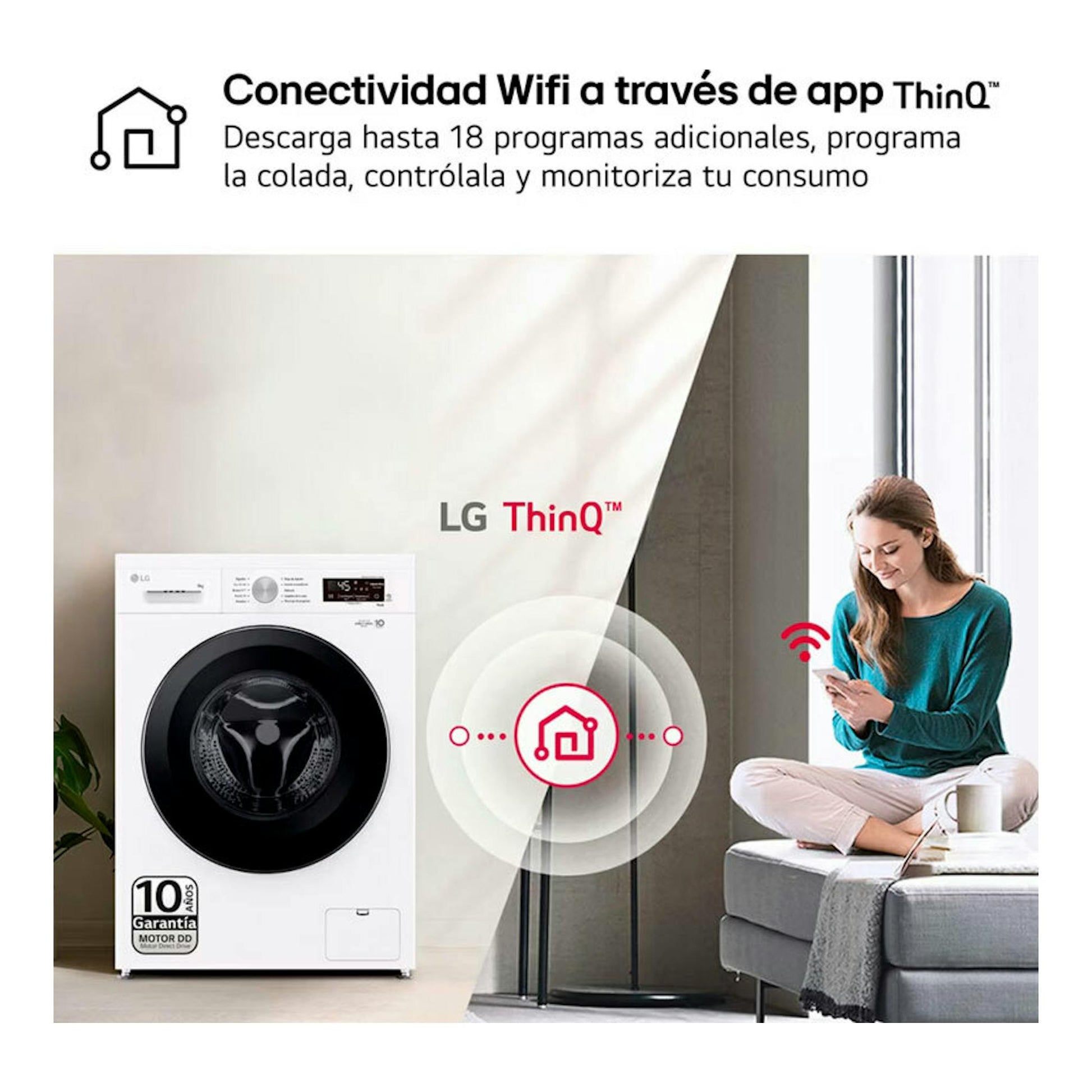 Lavadora LG F4X1009NWK blanca, vista frontal, con panel digital y referencia a ThinQ/Wi‑Fi.
