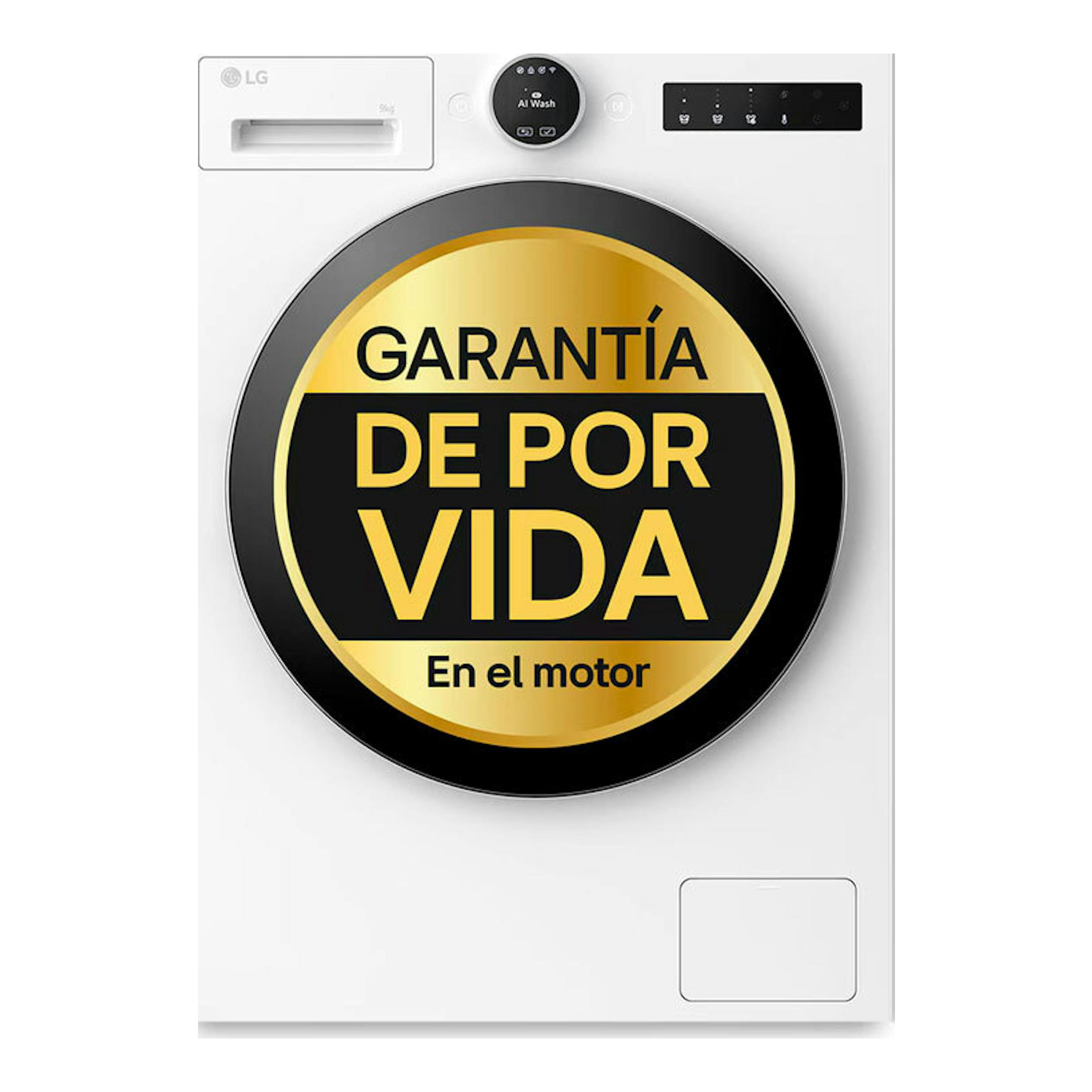 Lavadora LG blanca, vista frontal, con adhesivo circular de garantía de por vida en el motor.