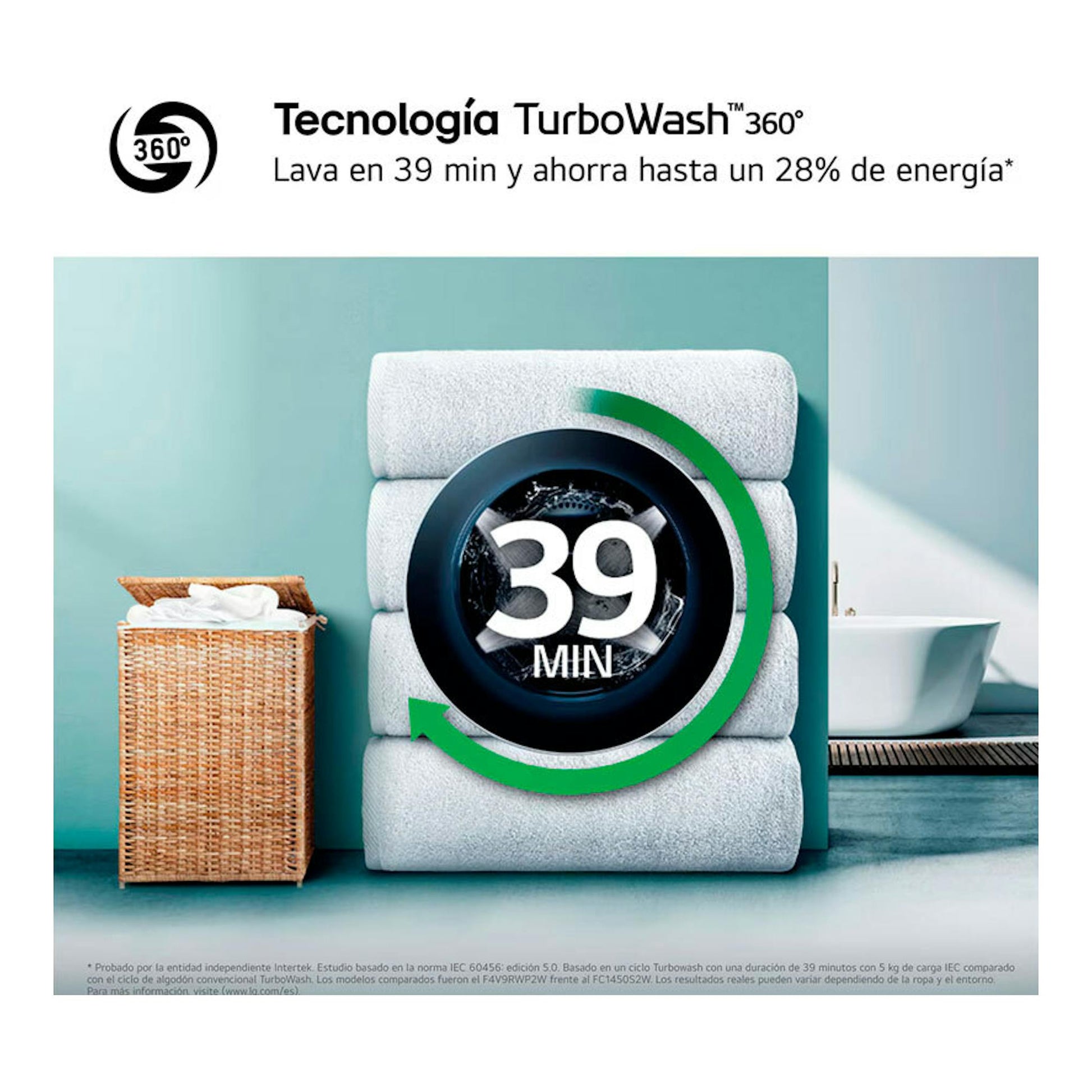 Gráfico promocional de lavadora LG F4X9009TWCE 9 kg con TurboWash 360° y texto de 39 min.