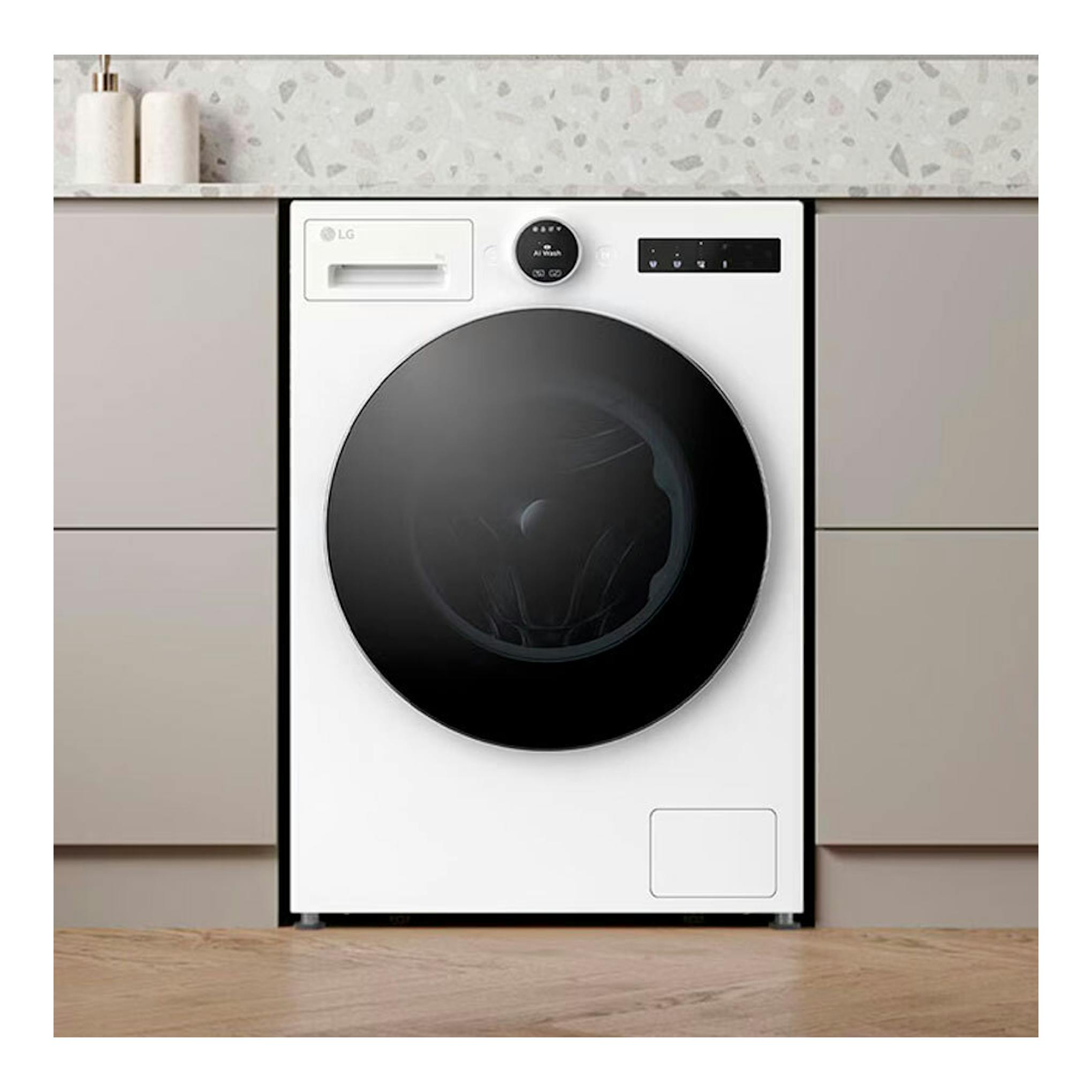 Lavadora LG F4X9009TWCE blanca, vista frontal, con puerta circular negra y panel superior.