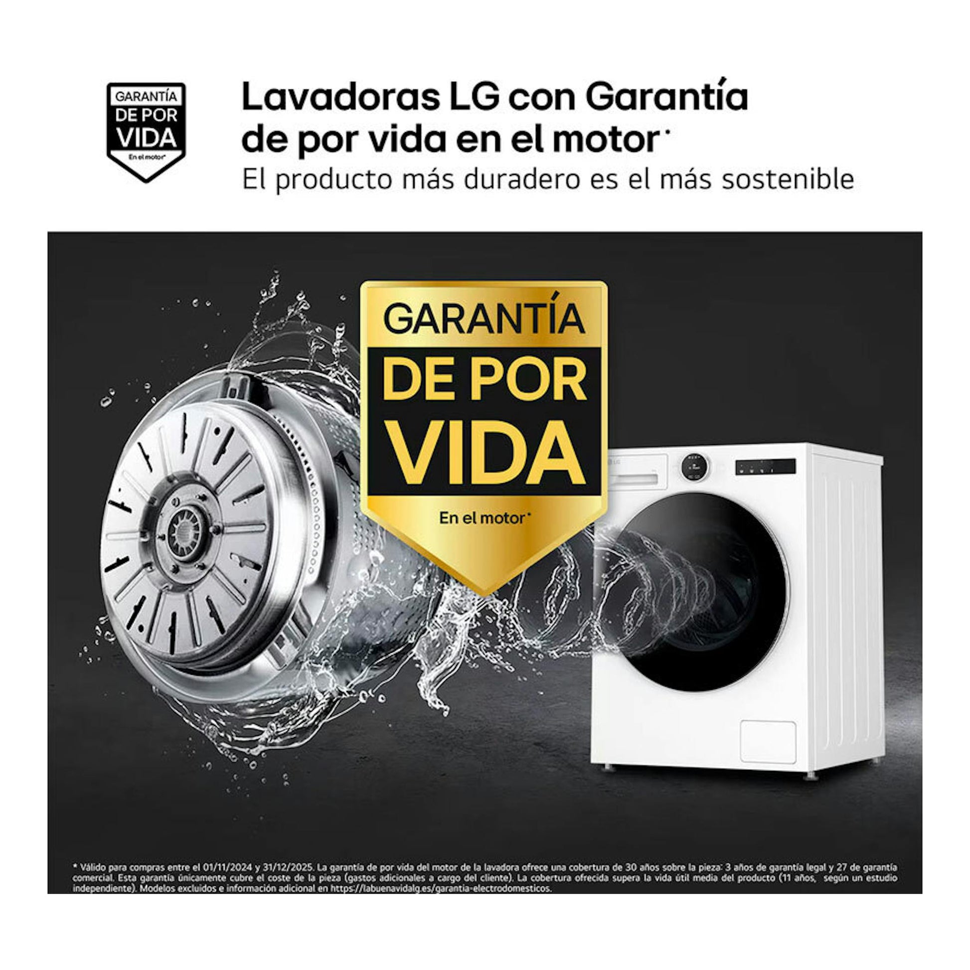 Lavadora LG F4X9009TWCE blanca, vista frontal, junto a un gráfico de motor y un sello de garantía.