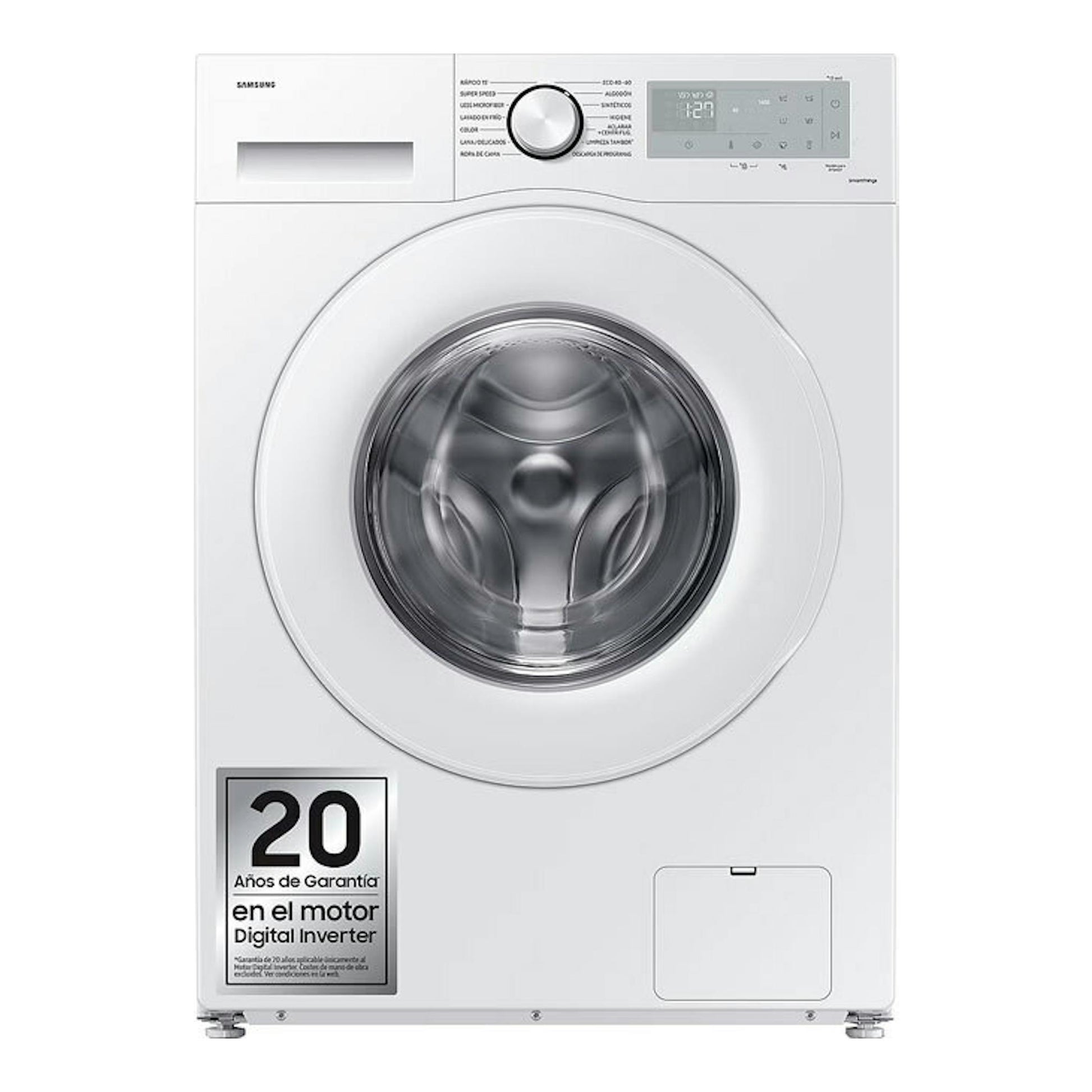 Lavadora Samsung WW11DG5B25THEC blanca, vista frontal, con puerta circular y panel digital superior.