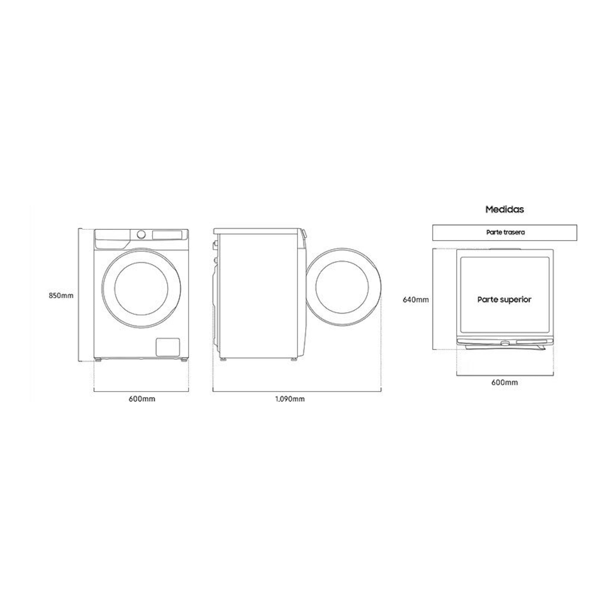 Lavadora Samsung WW11DG5B25THEC, vistas frontal, lateral y superior con medidas, en fondo blanco.