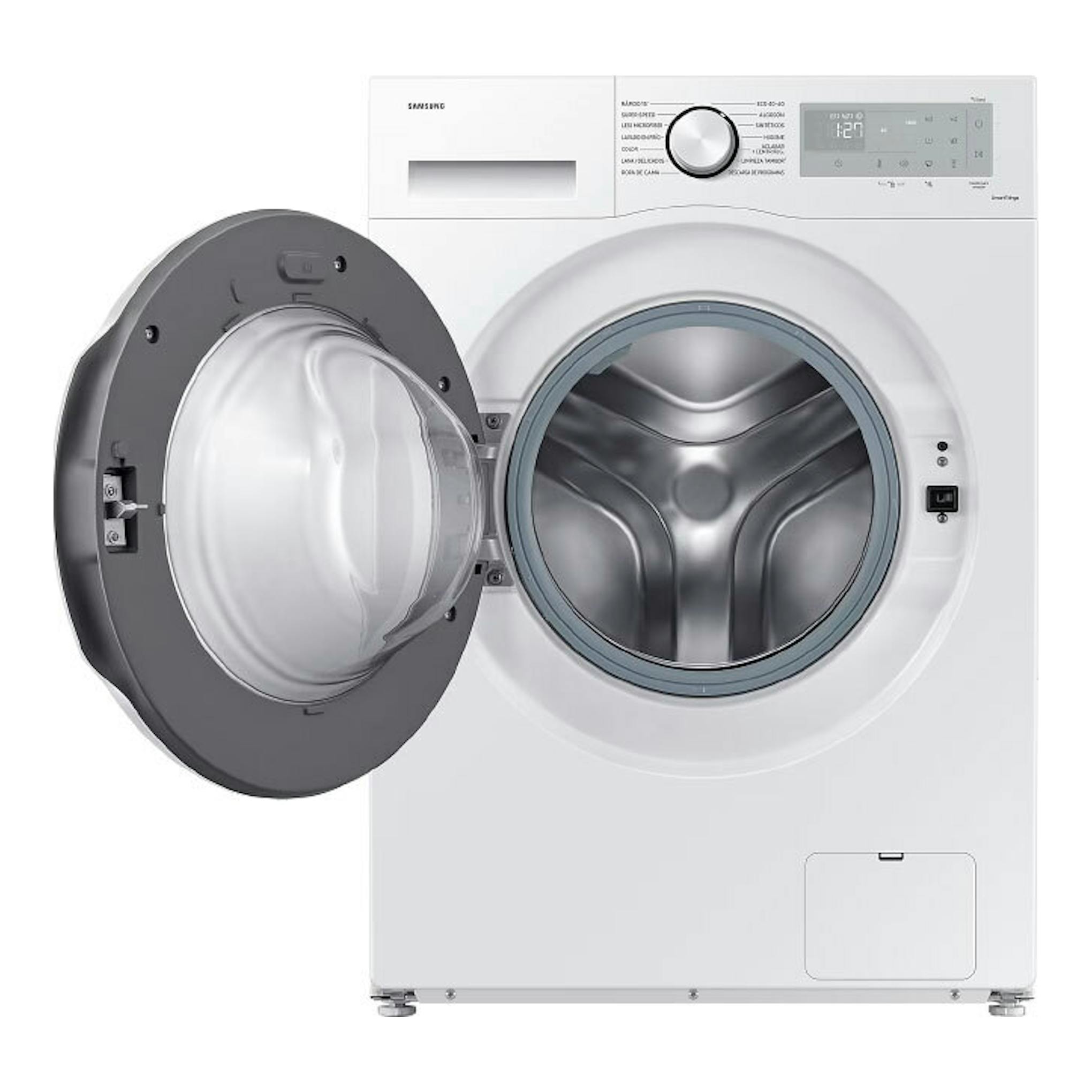 Lavadora Samsung WW11DG5B25THEC blanca, vista frontal con puerta abatible abierta.
