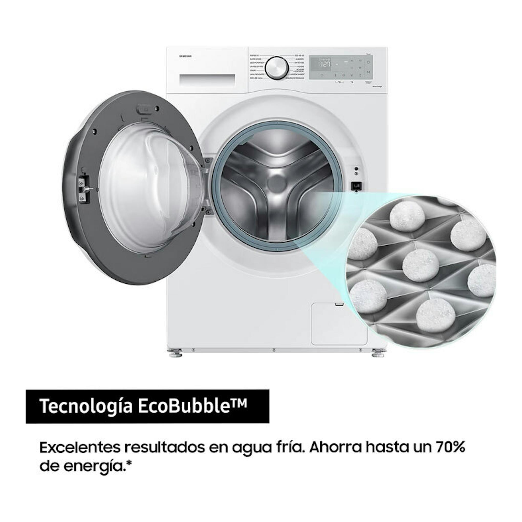 Lavadora frontal Samsung WW11DG5B25THEC blanca, vista frontal con puerta abierta y detalle EcoBubble.