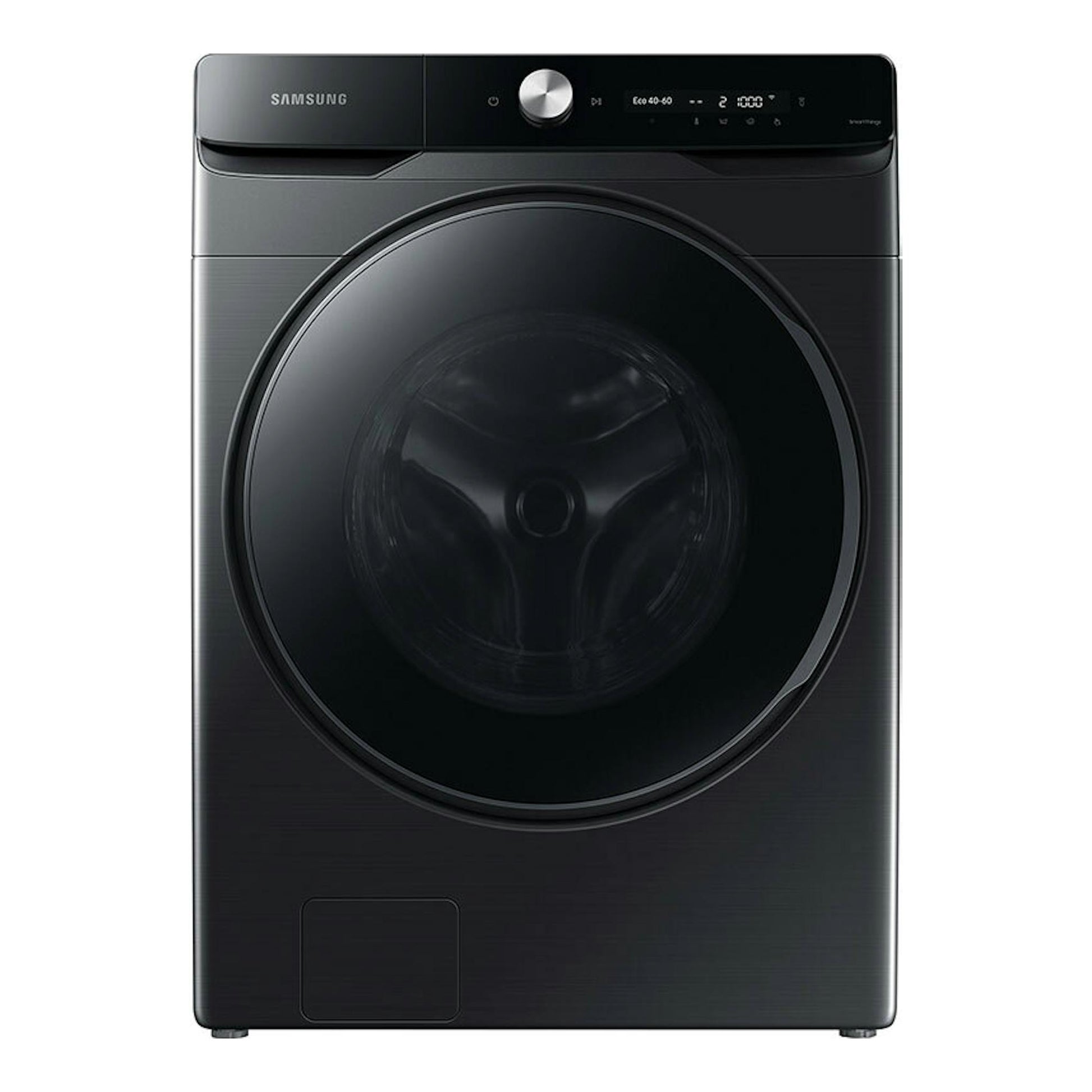 Lavadora Samsung WF20DG8650BVU3 negra de carga frontal, vista frontal.