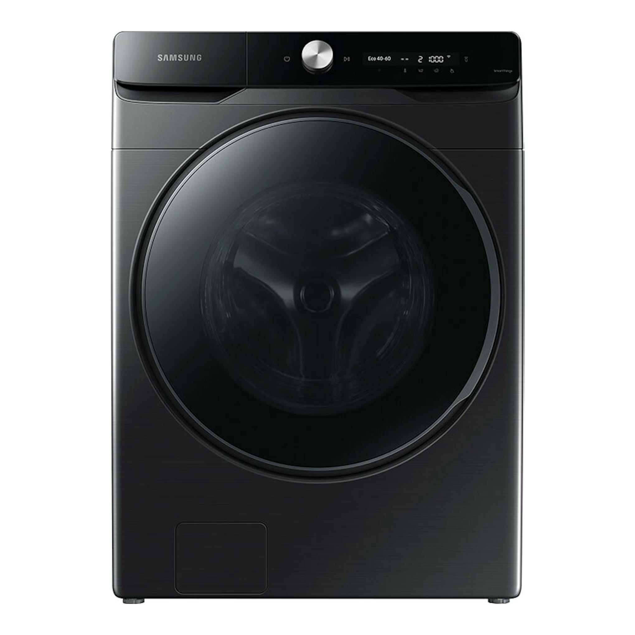 Lavadora Samsung WF20DG8650BVU3 negra de carga frontal, vista frontal.