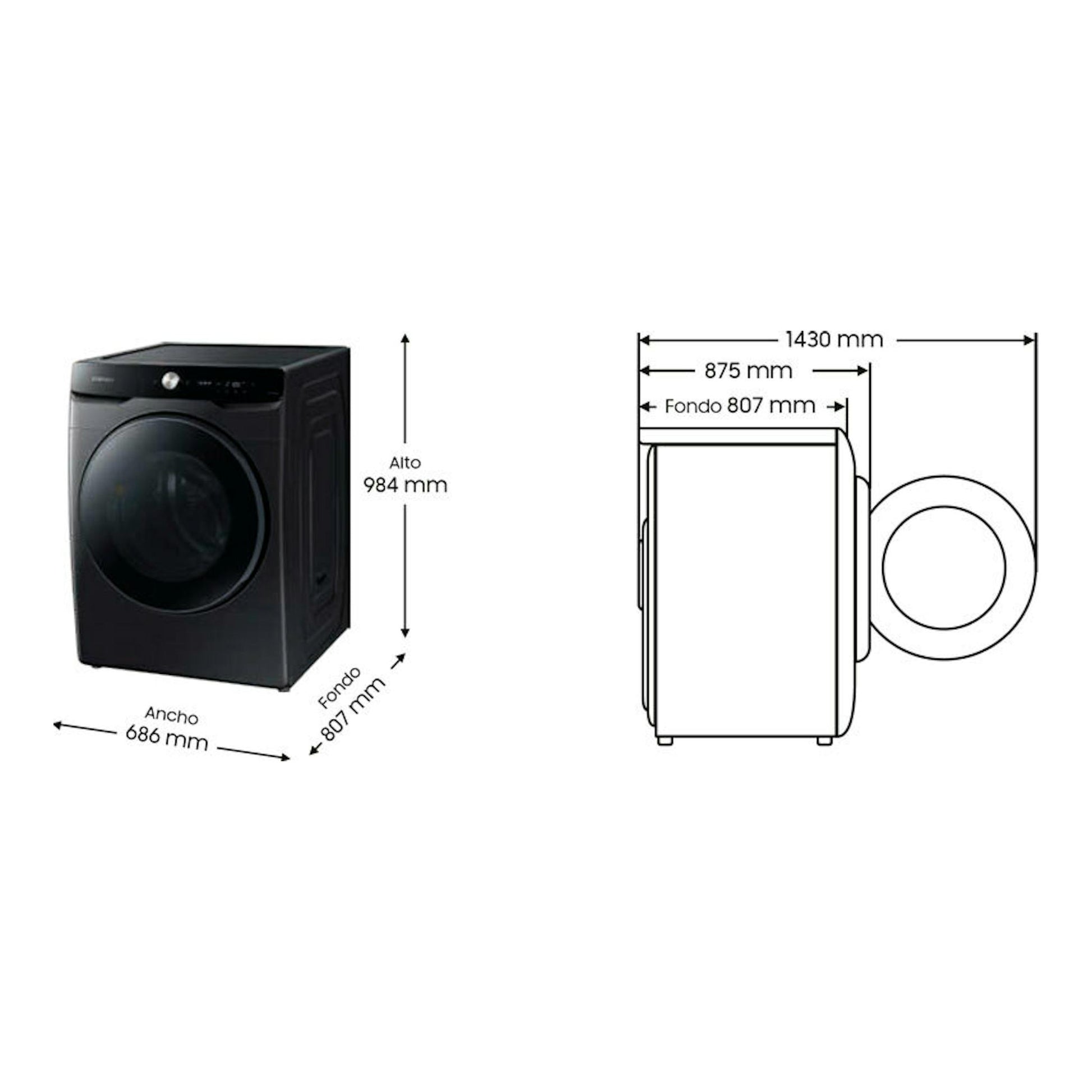 Lavadora Samsung WF20DG8650BVU3 negra, vista frontal en 3/4, con medidas y esquema lateral.