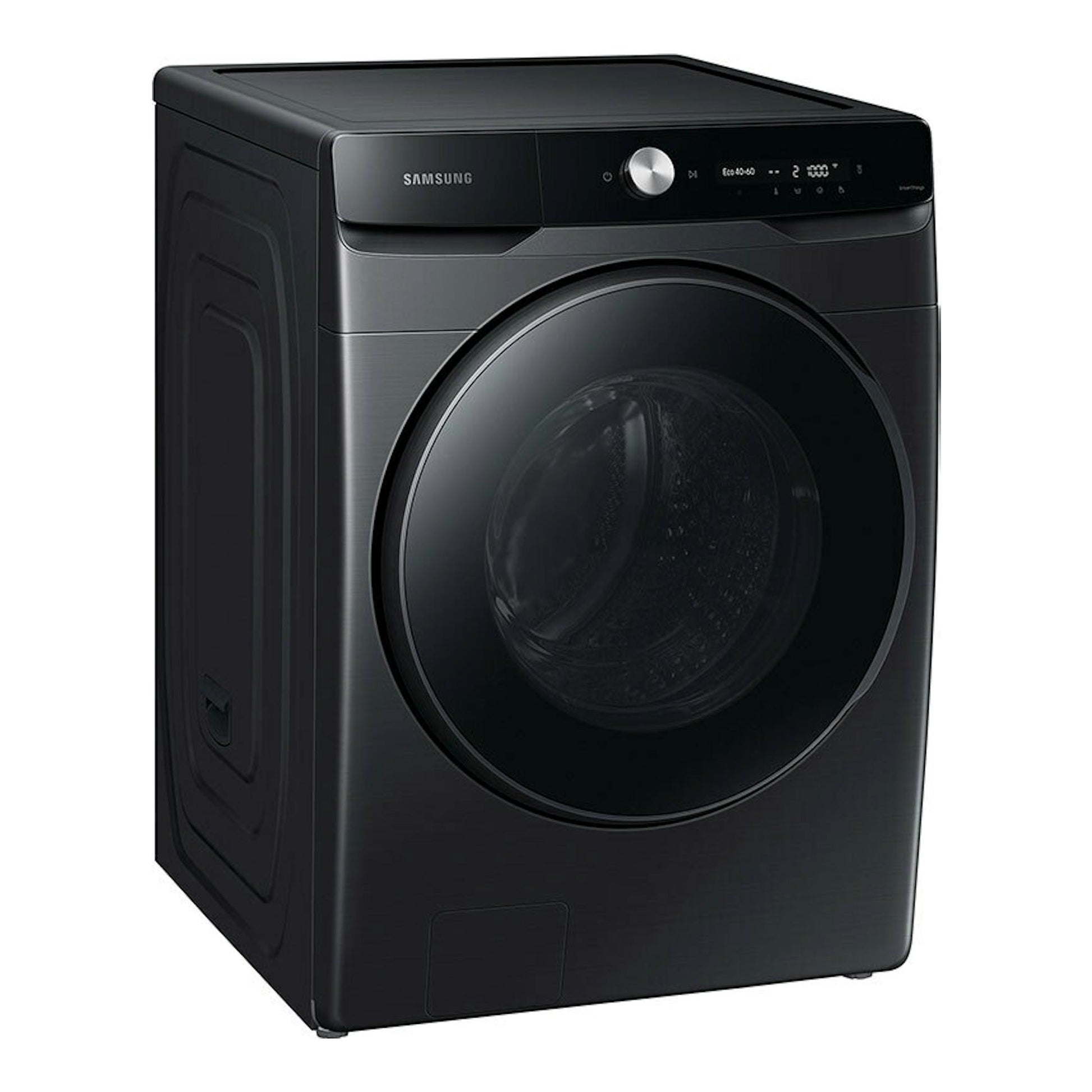 Lavadora Samsung WF20DG8650BVU3 negra, vista frontal en ángulo, con puerta circular y panel digital.