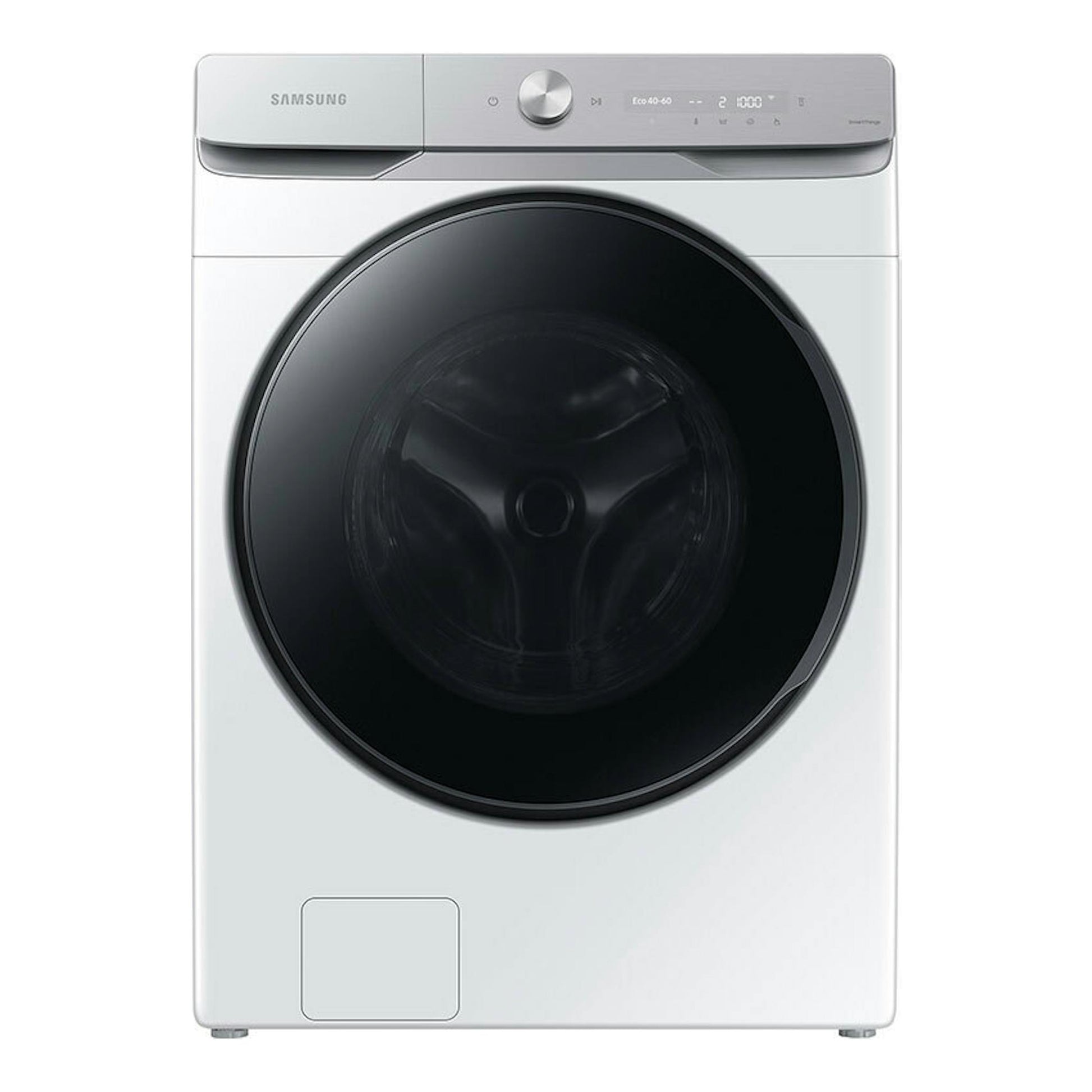 Lavadora frontal Samsung WF20DG8650BWU3 blanca, vista frontal, con puerta circular negra.