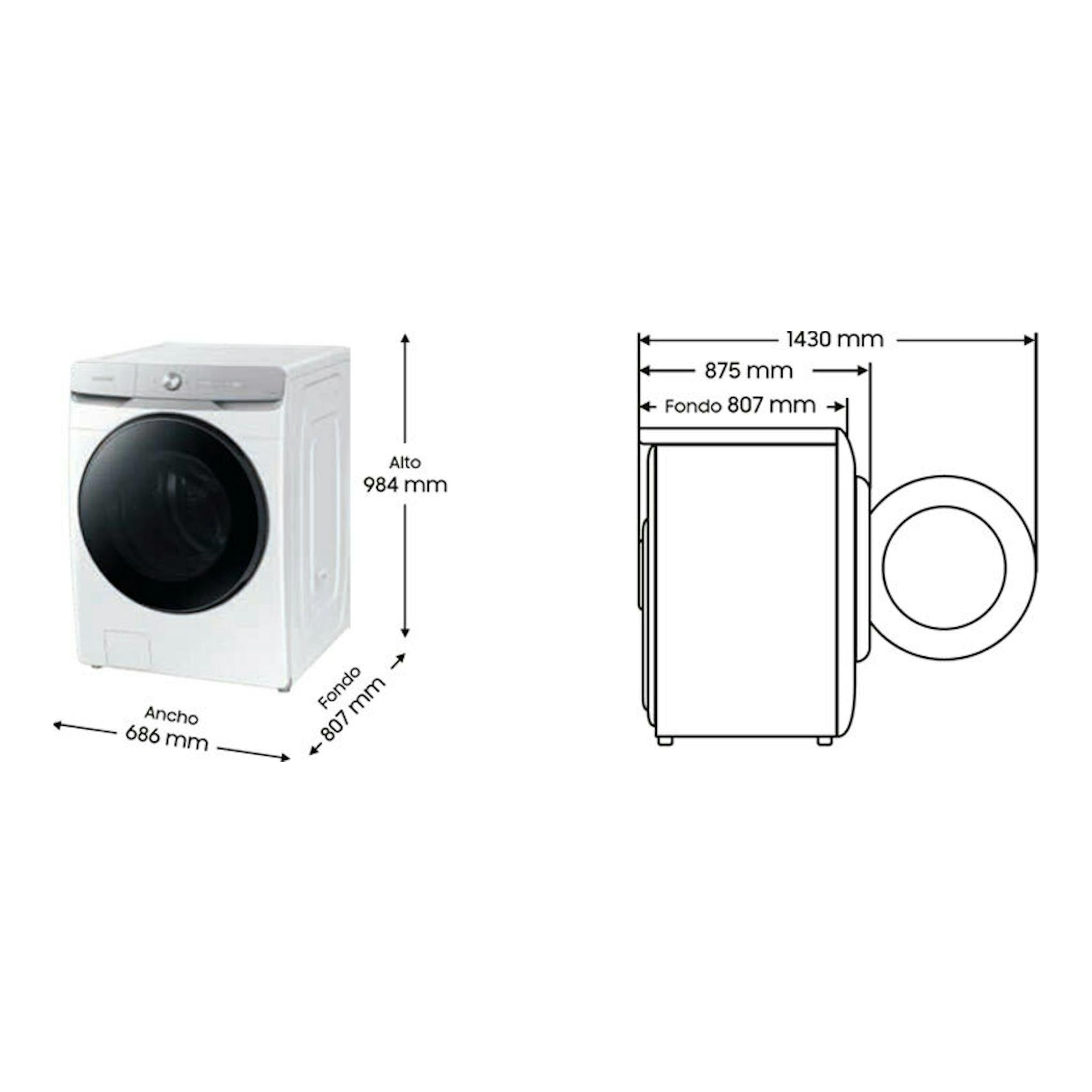 Lavadora Samsung WF20DG8650BWU3 blanca, vista frontal y lateral con medidas de dimensiones.