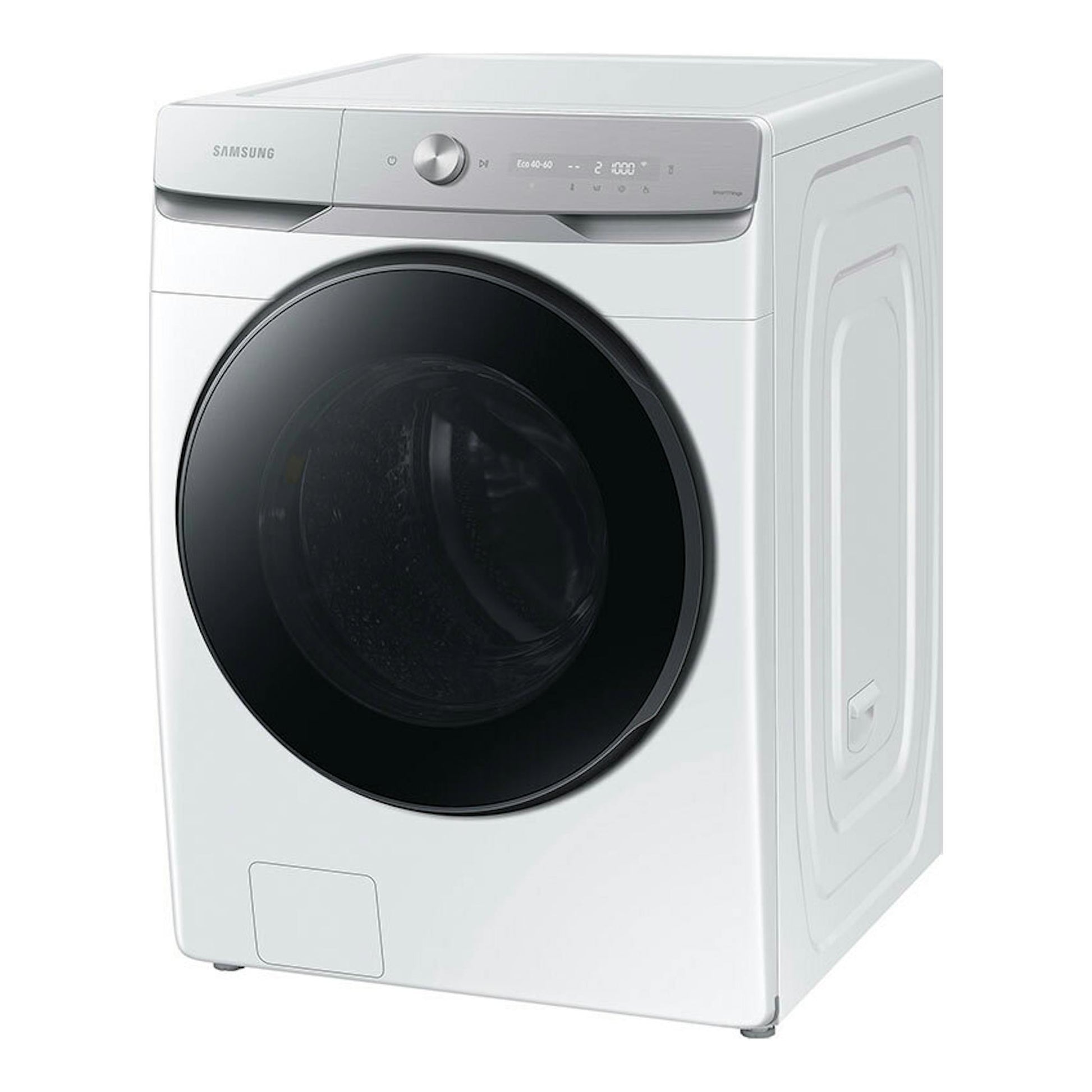 Lavadora Samsung WF20DG8650BWU3 blanca, vista frontal en ángulo, con puerta negra de carga frontal.