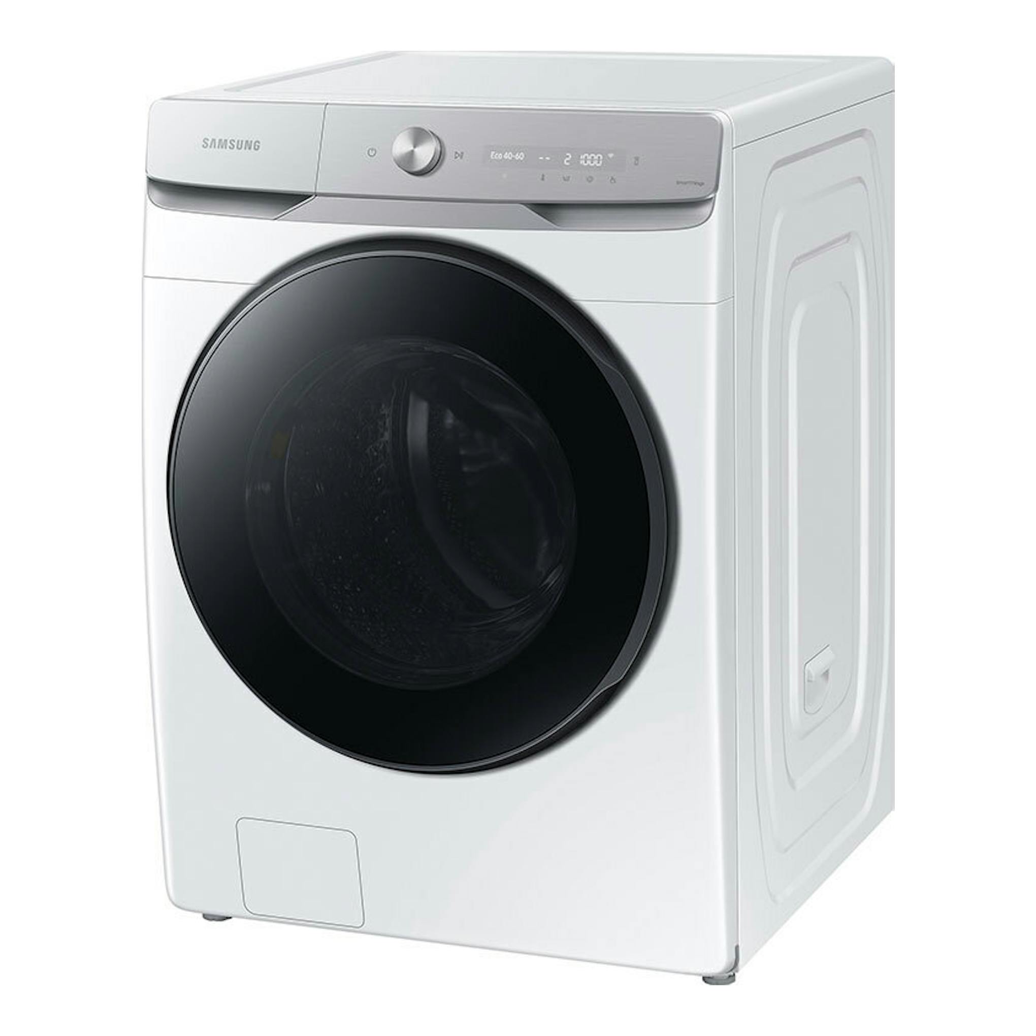 Lavadora Samsung WF20DG8650BWU3 blanca, vista frontal en ángulo, con puerta negra de carga frontal.