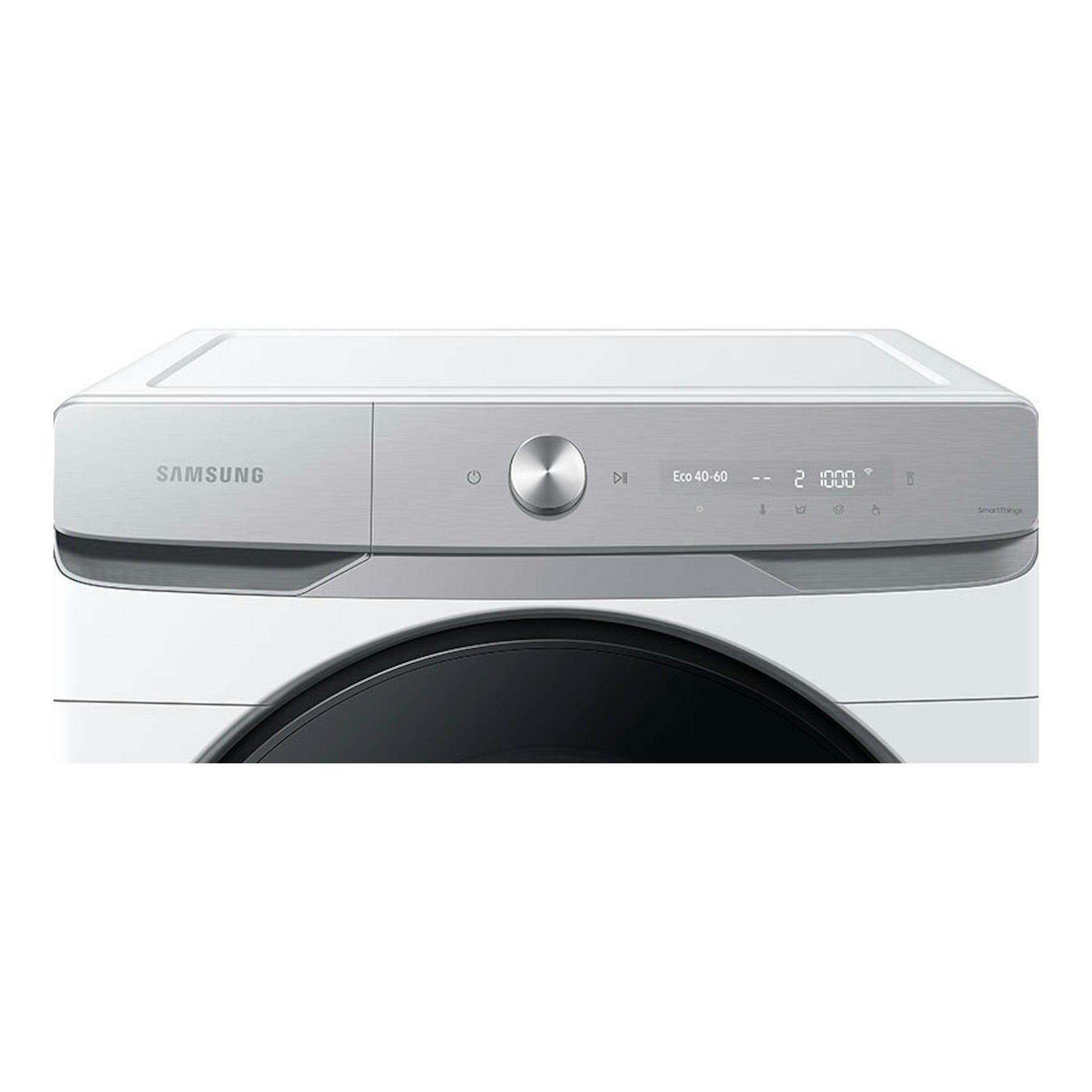 Lavadora Samsung WF20DG8650BWU3 blanca, vista frontal parcial con panel superior plateado.
