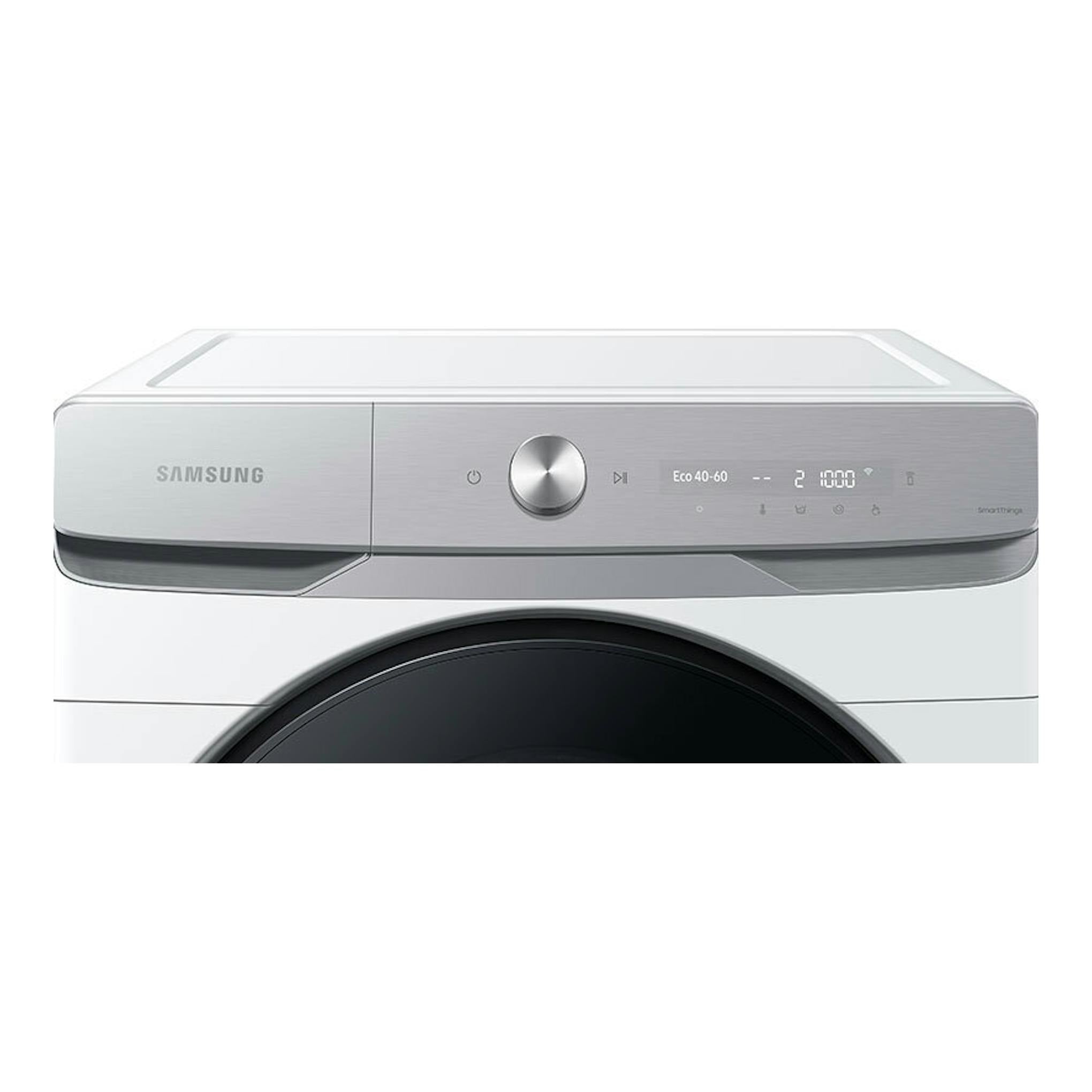 Lavadora Samsung WF20DG8650BWU3 blanca, vista frontal parcial con panel superior plateado.