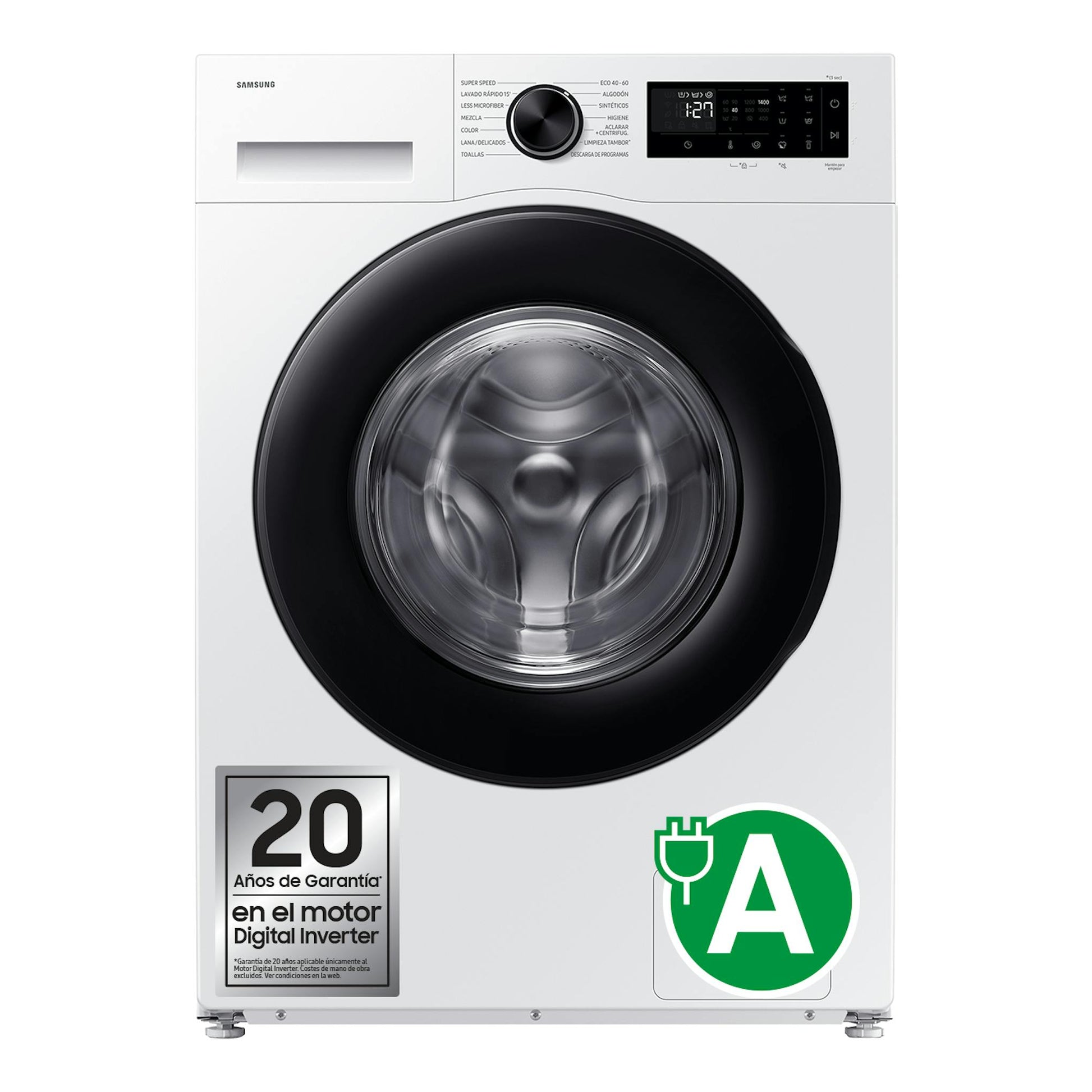Lavadora frontal Samsung WW10FG5U34AEEC blanca, con puerta negra, panel digital superior y etiqueta Clase A.