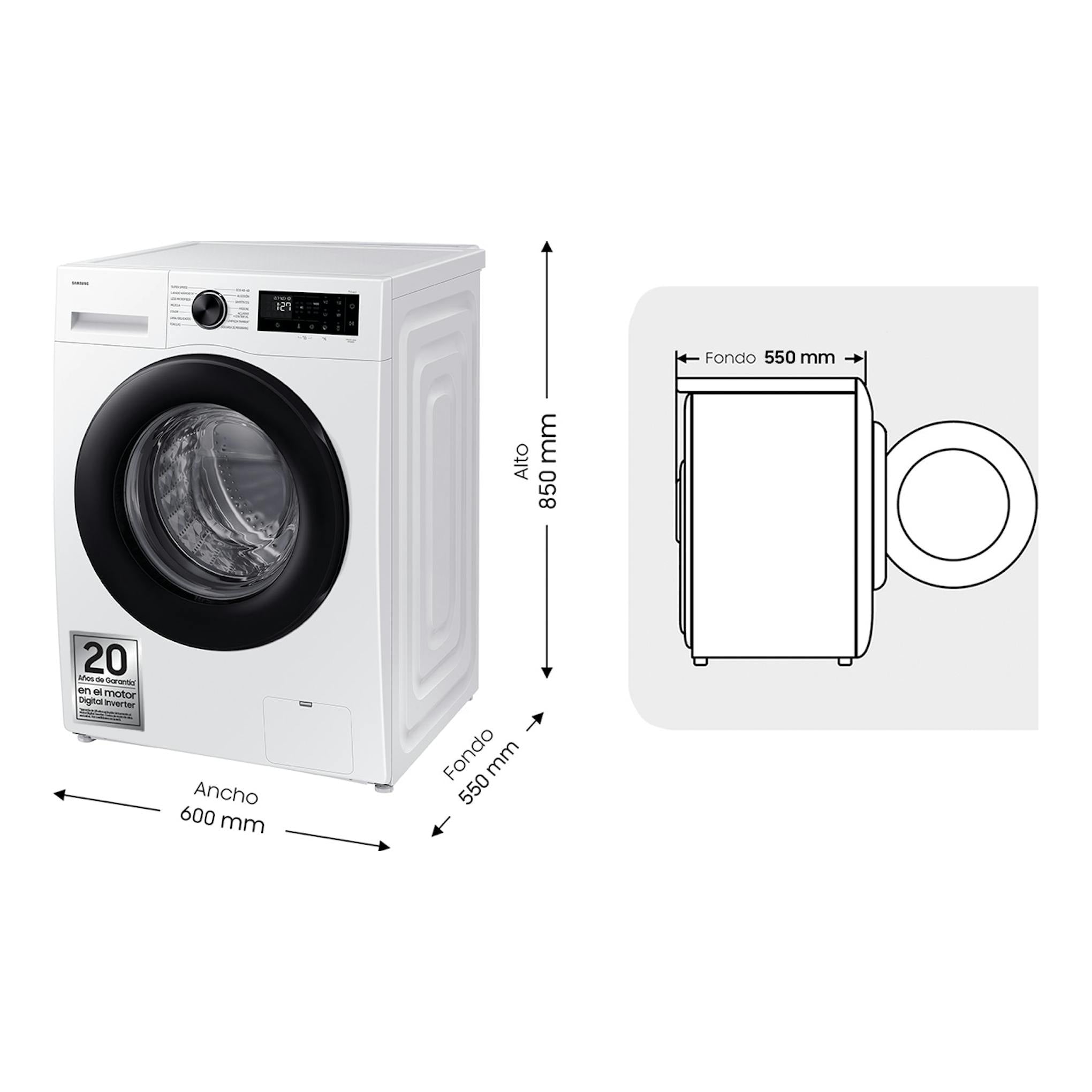 Lavadora Samsung WW10FG5U34AEEC blanca, vista frontal en ángulo, puerta negra y medidas 600 x 850 x 550 mm.