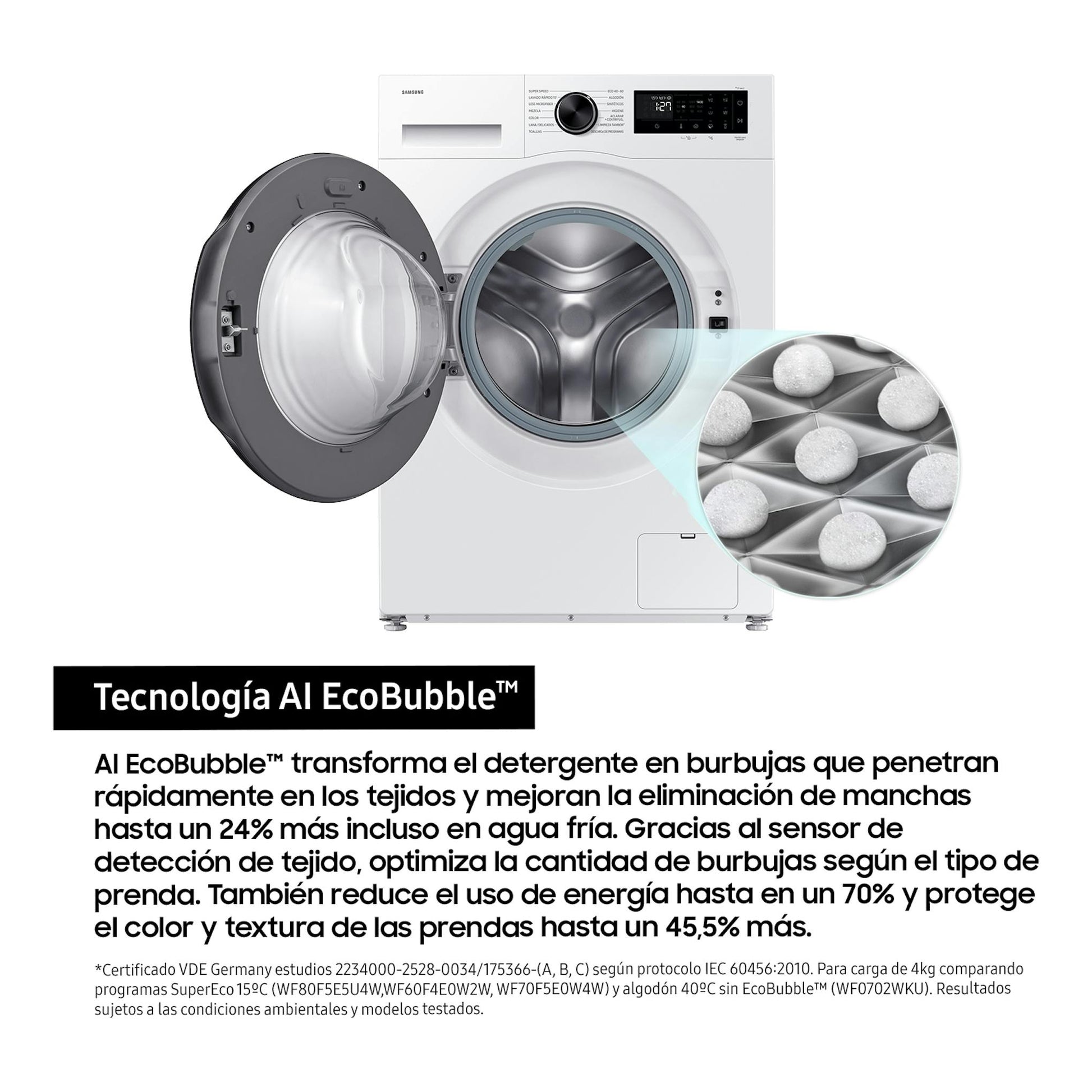 Lavadora Samsung WW10FG5U34AEEC blanca, vista frontal, con puerta abierta y tambor interior visible.