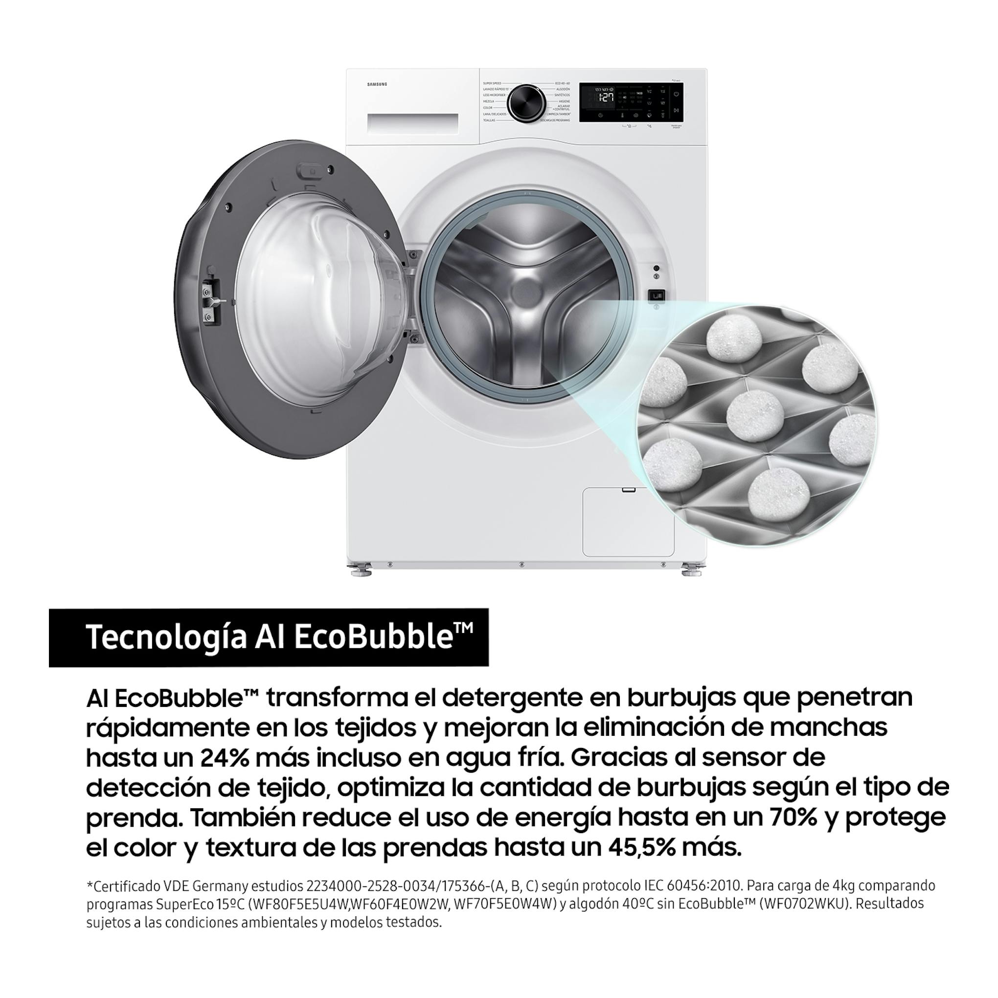 Lavadora Samsung WW10FG5U34AEEC blanca, vista frontal, con puerta abierta y tambor interior visible.