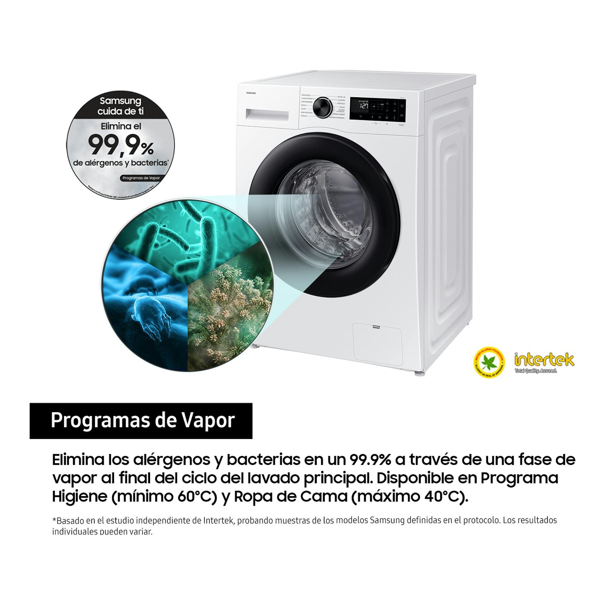 Lavadora Samsung WW10FG5U34AEEC blanca, vista frontal en ángulo, con puerta negra y panel digital.