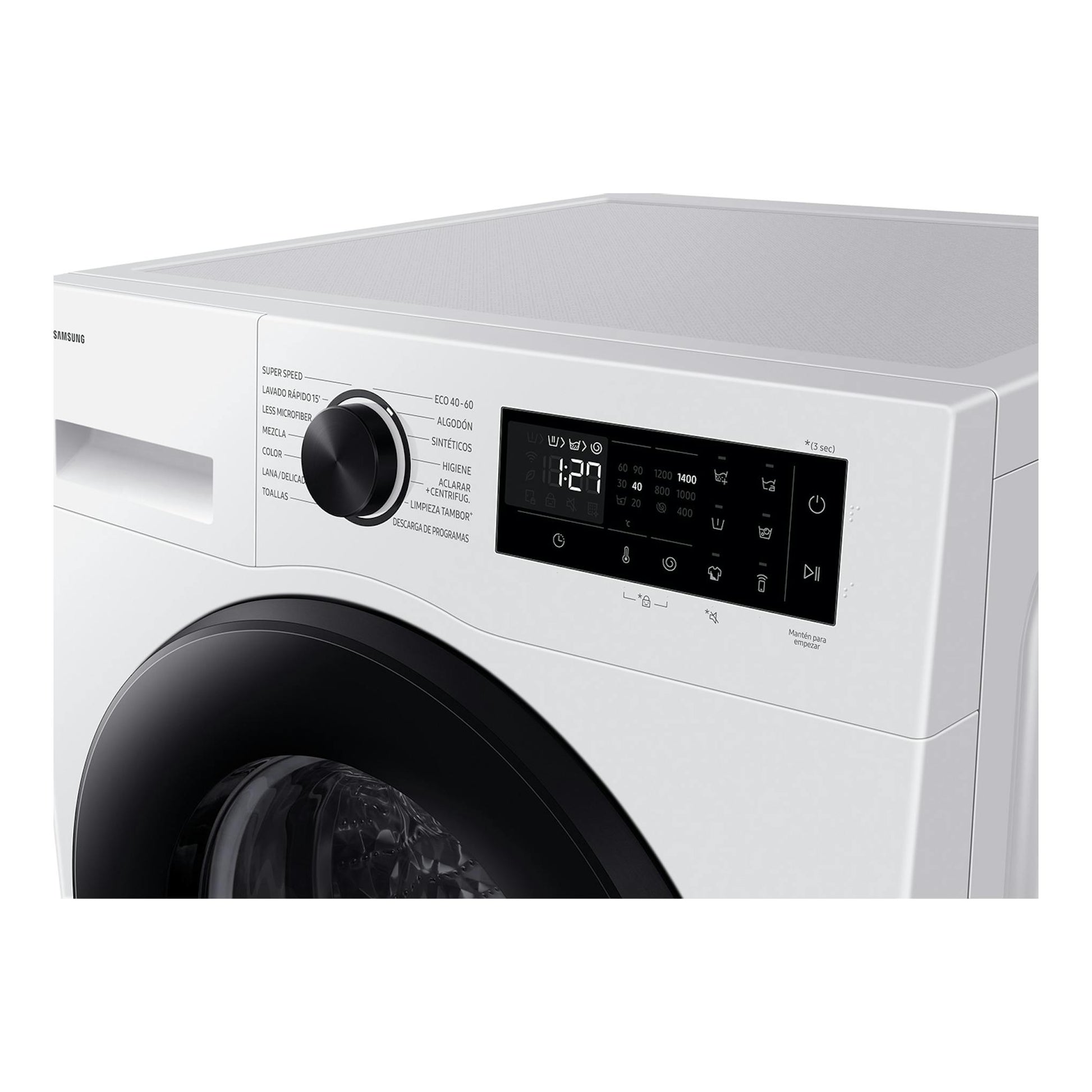 Lavadora Samsung WW10FG5U34AEEC blanca, vista frontal en ángulo, con puerta negra y panel digital.