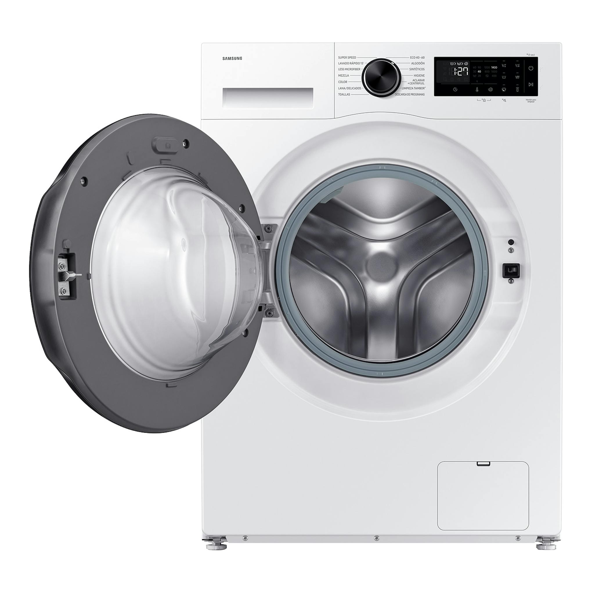 Lavadora Samsung WW10FG5U34AEEC blanca, vista frontal, con puerta abierta y panel de control superior.