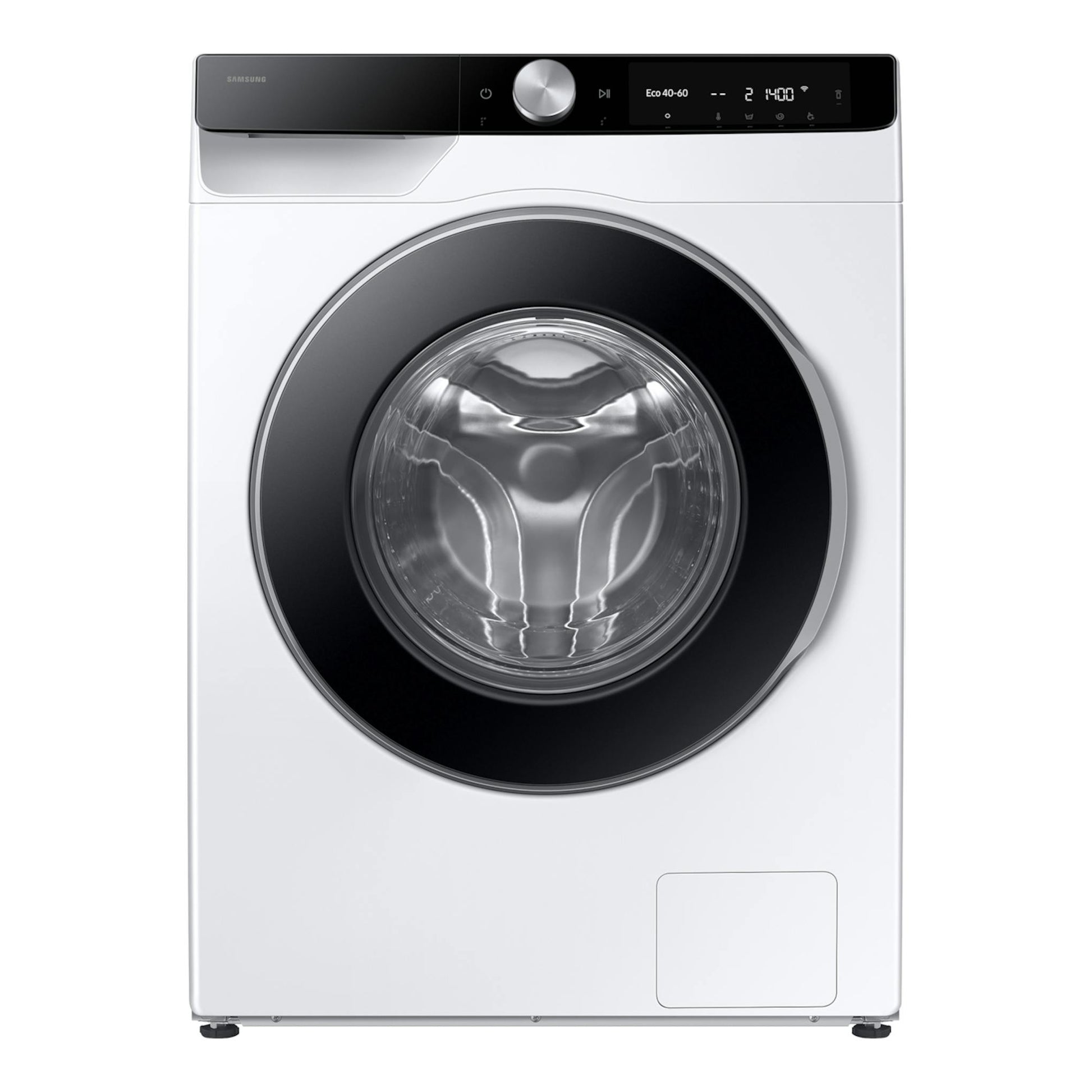Lavadora Samsung WW10FG6U34LKU3 blanca, carga frontal, puerta negra y panel superior.