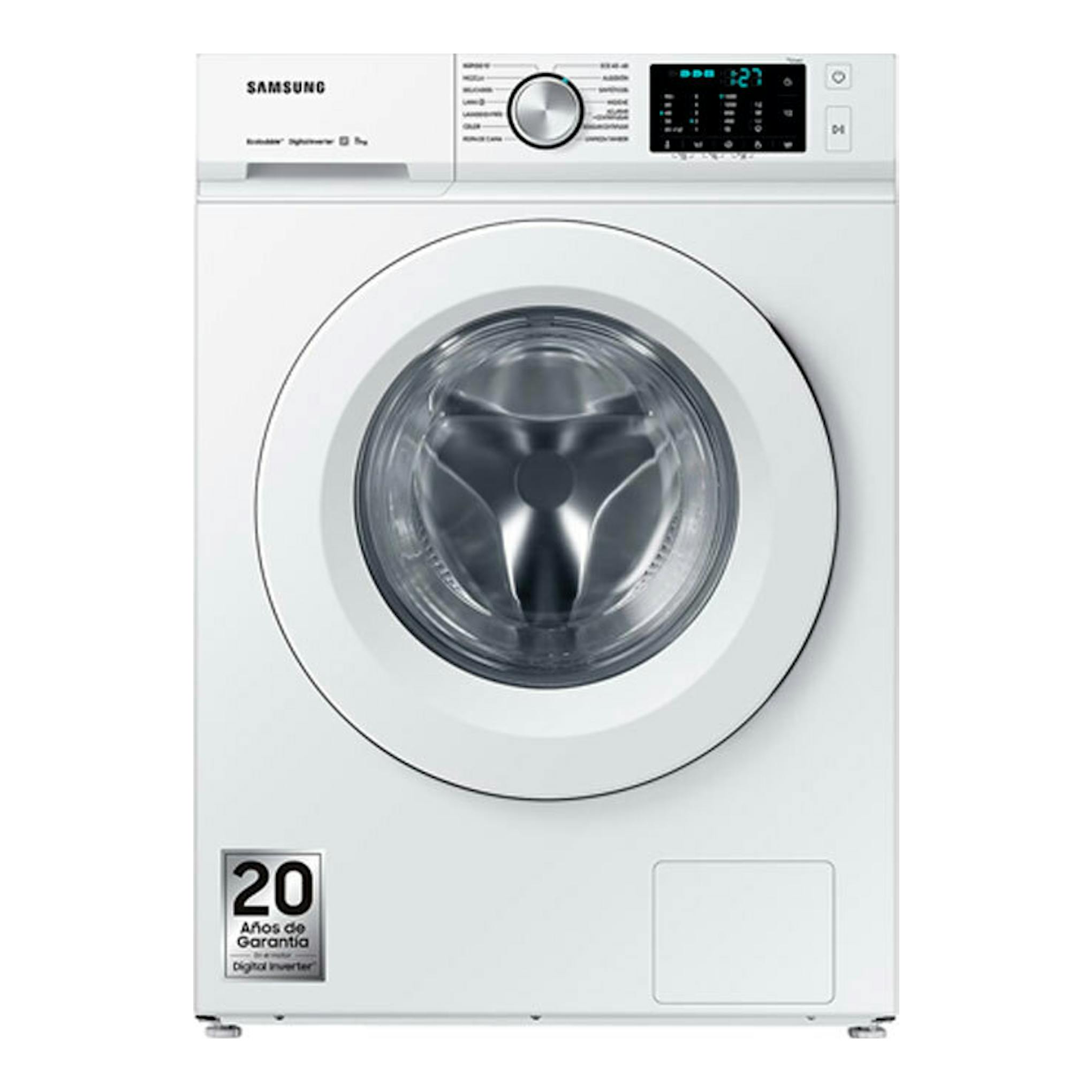 Lavadora frontal Samsung WW11BBA046TWEC de 11 kg, blanca, vista frontal con puerta circular y panel digital.