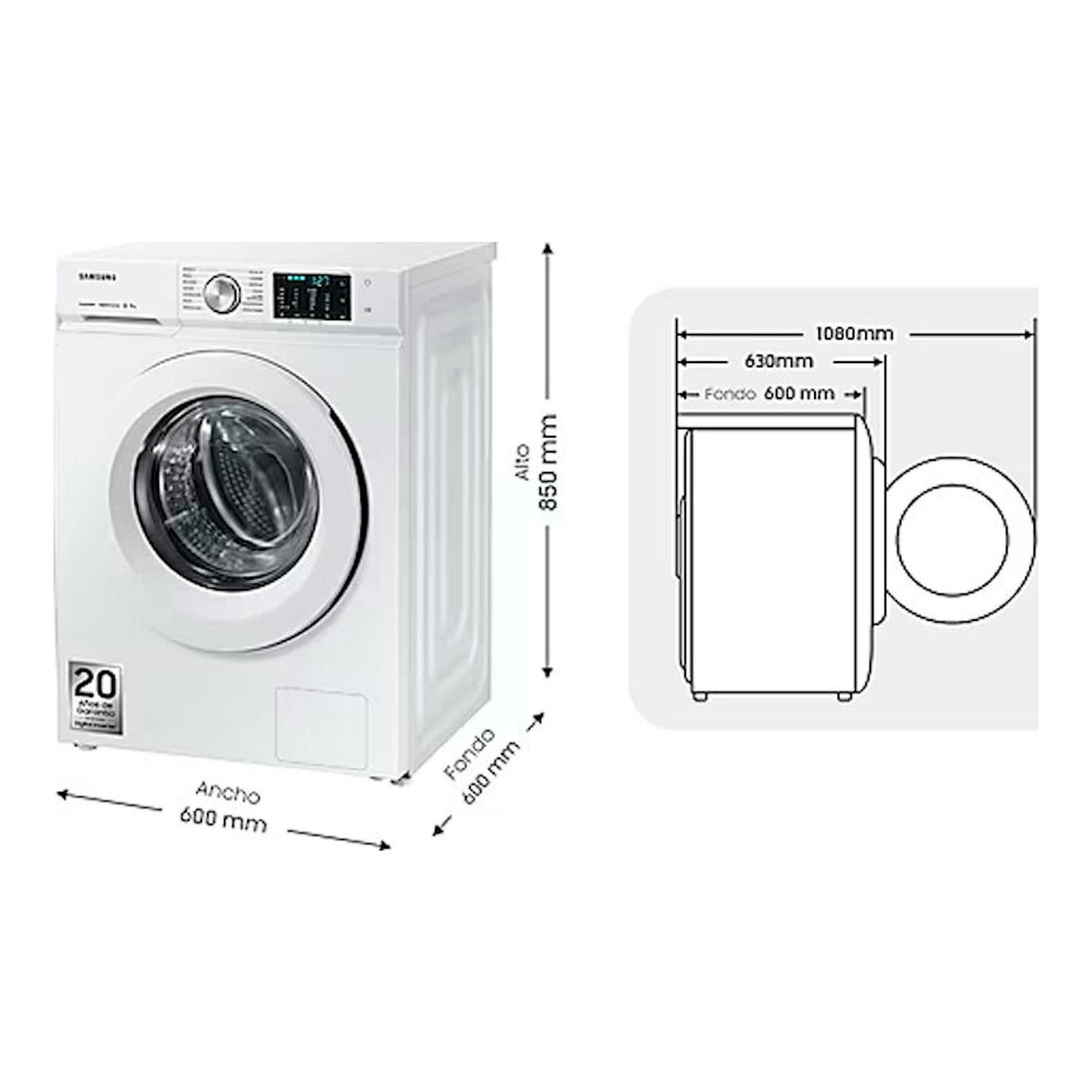 Lavadora Samsung WW11BBA046TWEC blanca, vista frontal, con diagrama lateral de medidas 600 x 600 x 850 mm.