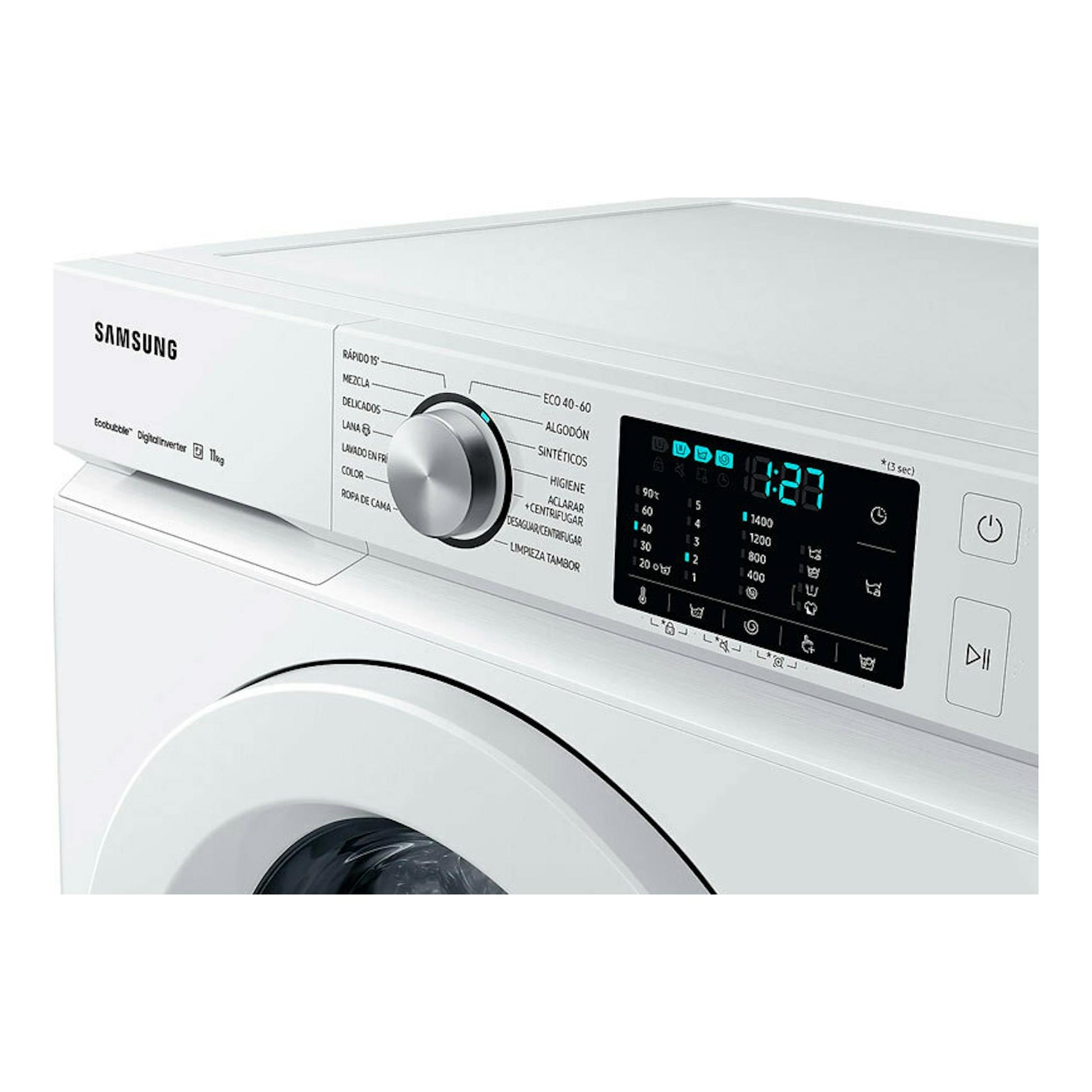 Lavadora frontal Samsung WW11BBA046TWEC blanca, vista en ángulo con panel digital y selector central.