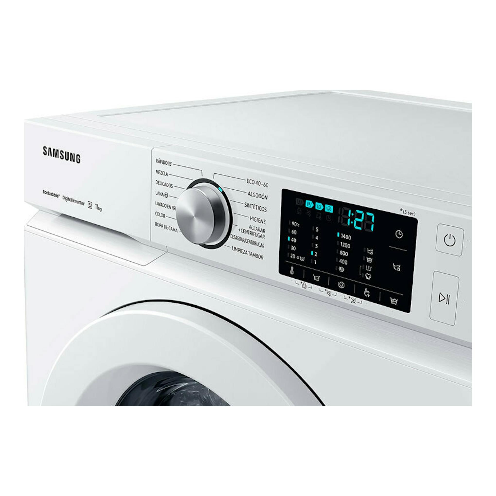 Lavadora frontal Samsung WW11BBA046TWEC blanca, vista en ángulo con panel digital y selector central.